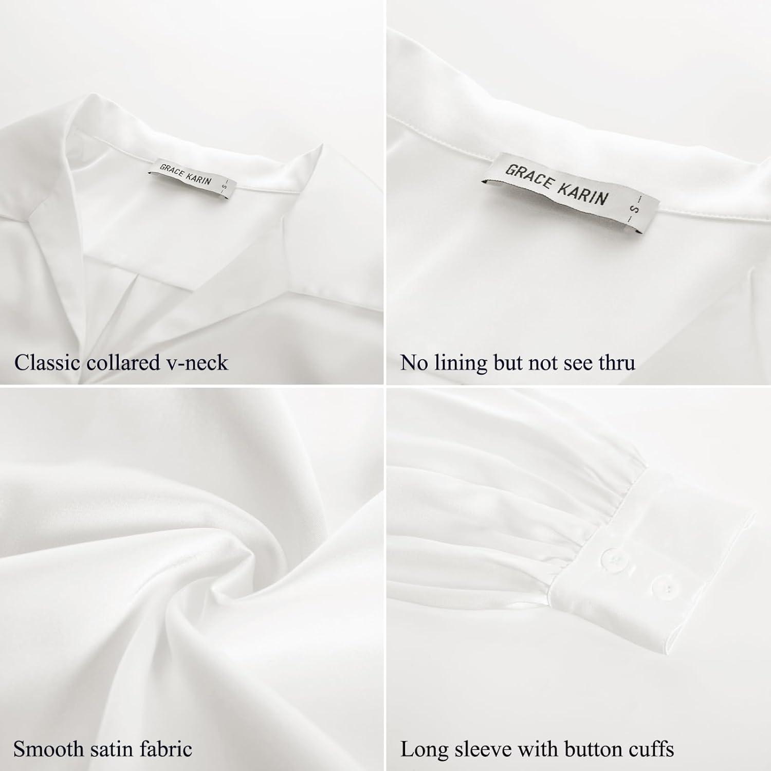 imageGRACE KARIN Business Casual Tops for Women Satin Silk Blouse Collared V Neck Long Sleeve Work Shirts Dressy Tops Fall ClothesWhite