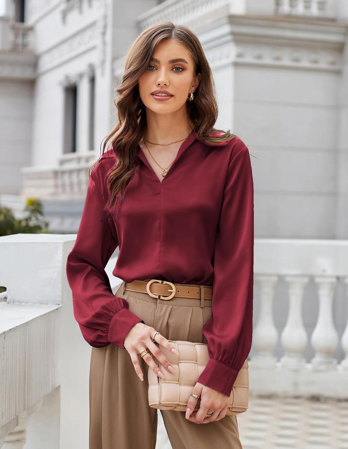 imageGRACE KARIN Business Casual Tops for Women Satin Silk Blouse Collared V Neck Long Sleeve Work Shirts Dressy Tops Fall ClothesWine Red