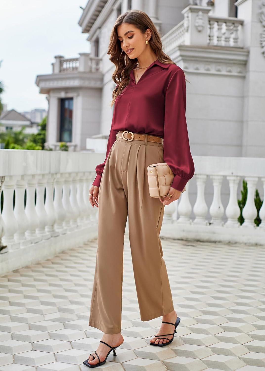 imageGRACE KARIN Business Casual Tops for Women Satin Silk Blouse Collared V Neck Long Sleeve Work Shirts Dressy Tops Fall ClothesWine Red