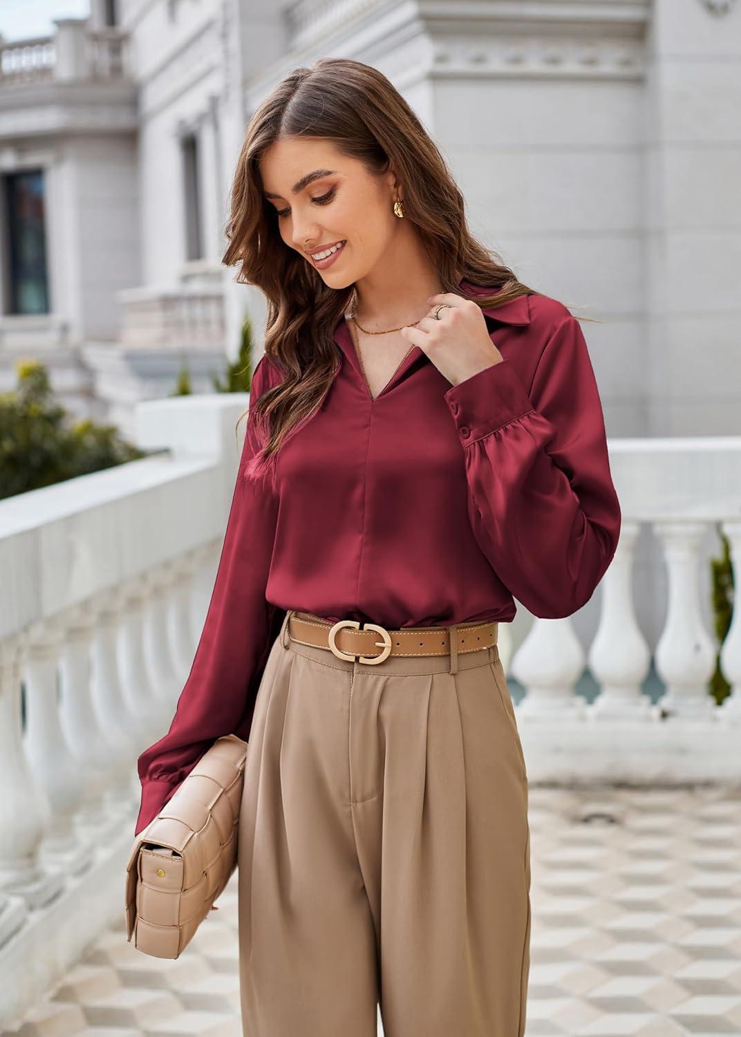 imageGRACE KARIN Business Casual Tops for Women Satin Silk Blouse Collared V Neck Long Sleeve Work Shirts Dressy Tops Fall ClothesWine Red