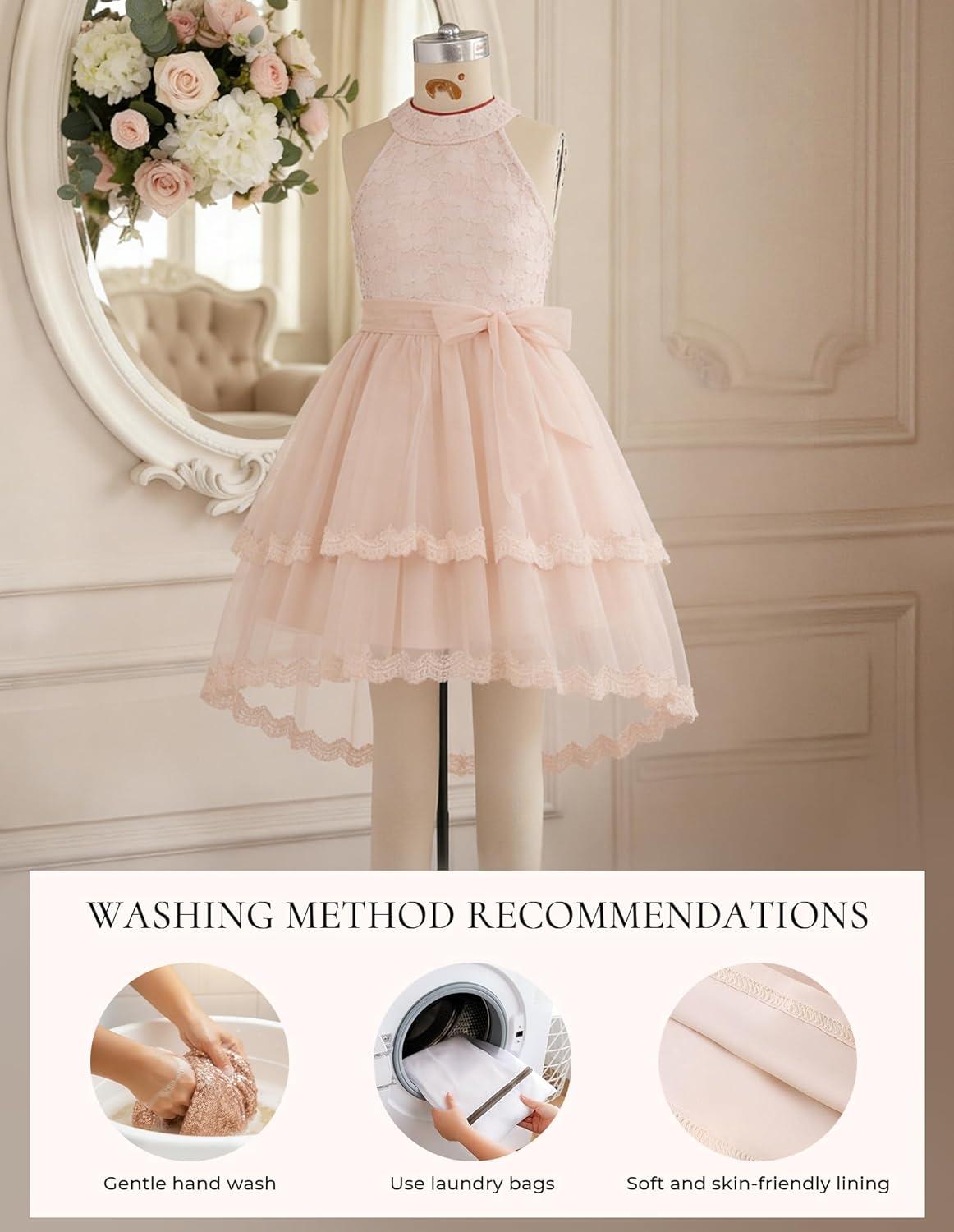 imageGRACE KARIN Flower Girl Dress Kids Wedding Guest Birthday Party Formal Lace Tulle Princess High Low Dresses 510YApricot