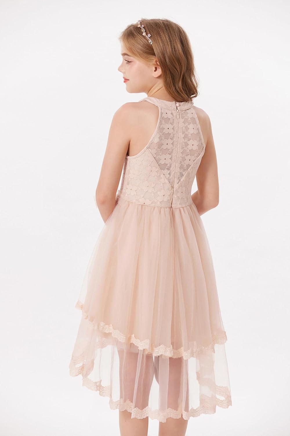 imageGRACE KARIN Flower Girl Dress Kids Wedding Guest Birthday Party Formal Lace Tulle Princess High Low Dresses 510YApricot