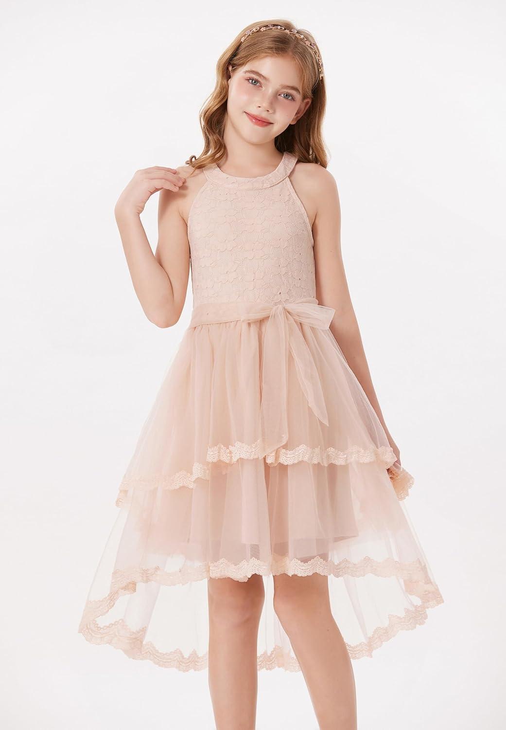 imageGRACE KARIN Flower Girl Dress Kids Wedding Guest Birthday Party Formal Lace Tulle Princess High Low Dresses 510YApricot