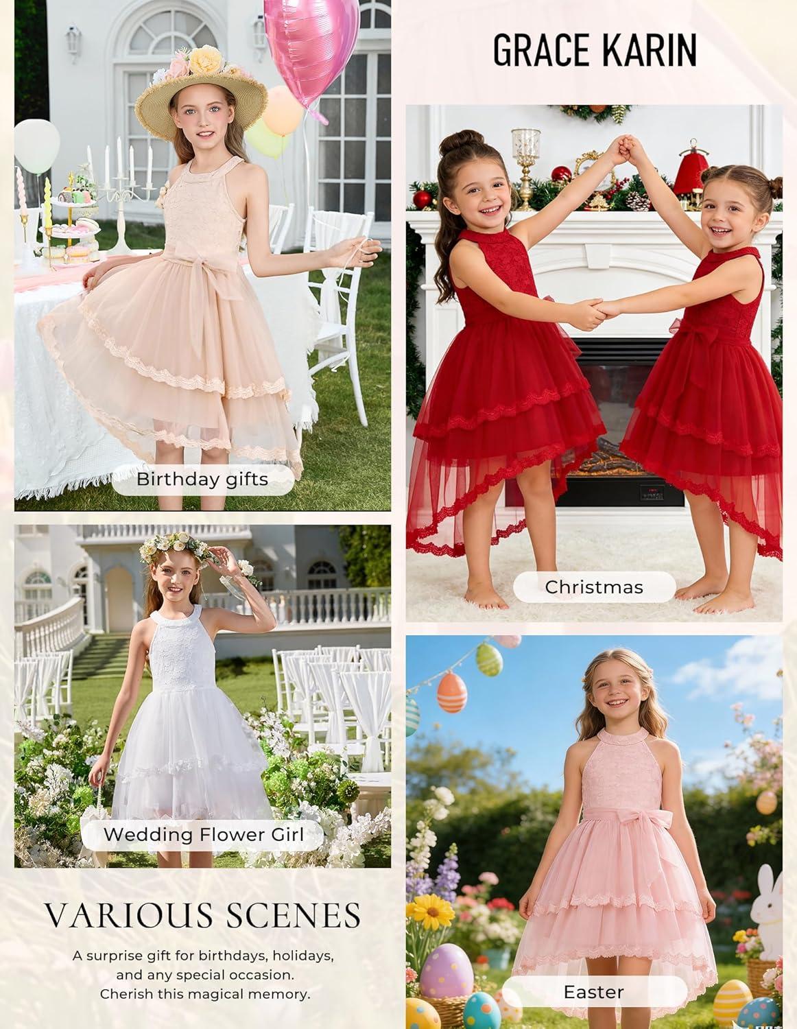 imageGRACE KARIN Flower Girl Dress Kids Wedding Guest Birthday Party Formal Lace Tulle Princess High Low Dresses 510YApricot