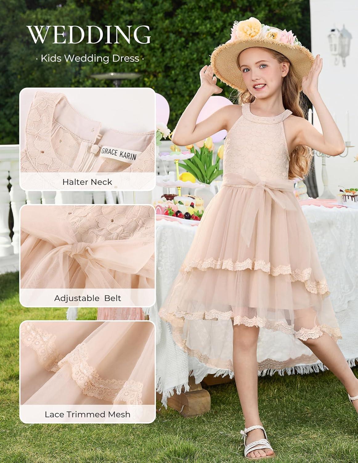 imageGRACE KARIN Flower Girl Dress Kids Wedding Guest Birthday Party Formal Lace Tulle Princess High Low Dresses 510YApricot