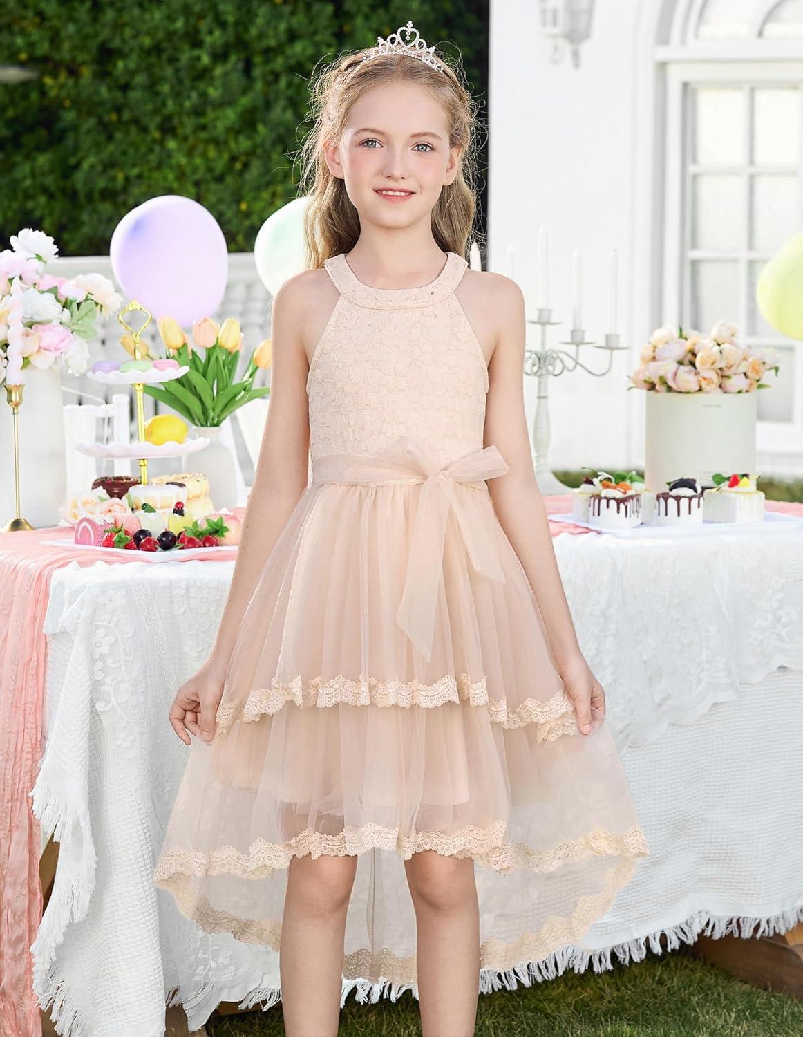 imageGRACE KARIN Flower Girl Dress Kids Wedding Guest Birthday Party Formal Lace Tulle Princess High Low Dresses 510YApricot