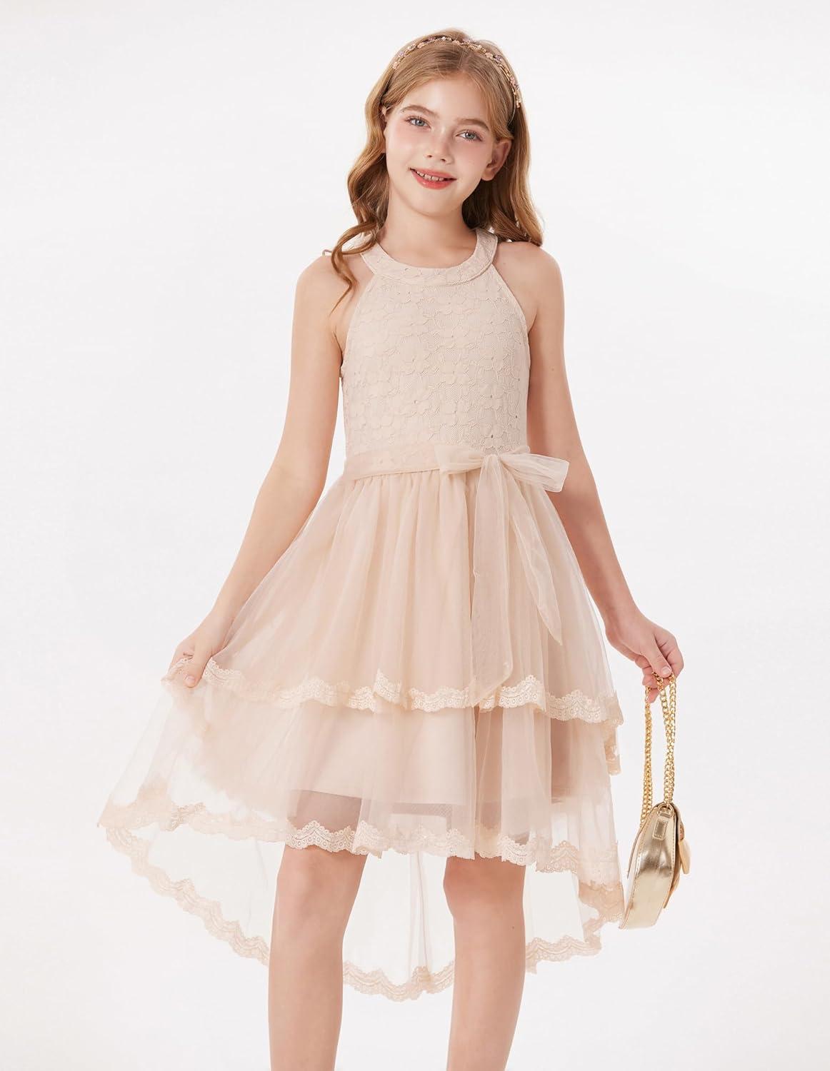 imageGRACE KARIN Flower Girl Dress Kids Wedding Guest Birthday Party Formal Lace Tulle Princess High Low Dresses 510YApricot