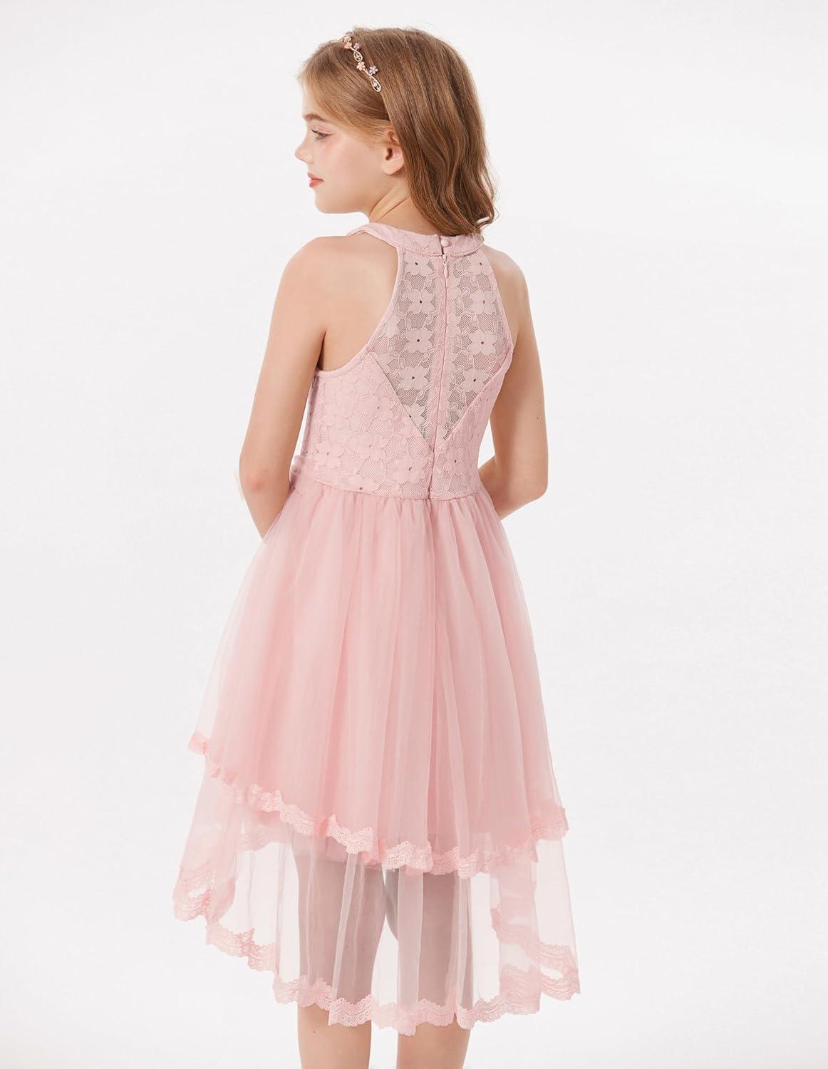 imageGRACE KARIN Flower Girl Dress Kids Wedding Guest Birthday Party Formal Lace Tulle Princess High Low Dresses 510YLight Pink