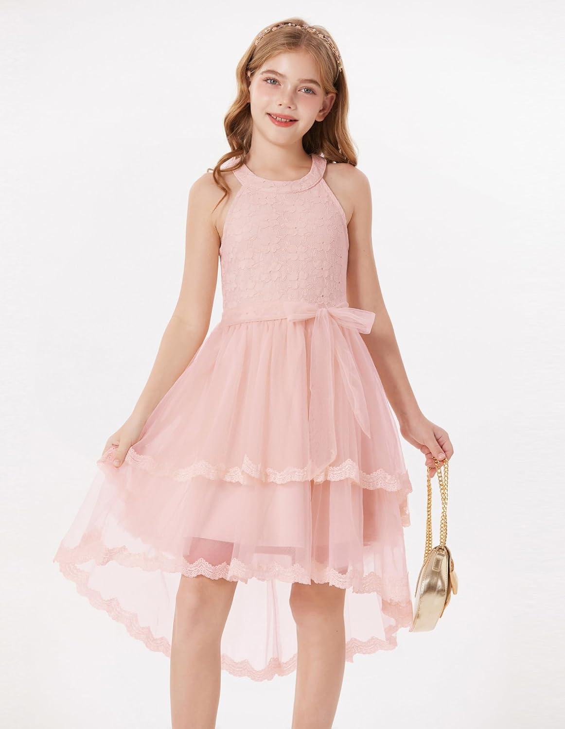 imageGRACE KARIN Flower Girl Dress Kids Wedding Guest Birthday Party Formal Lace Tulle Princess High Low Dresses 510YLight Pink