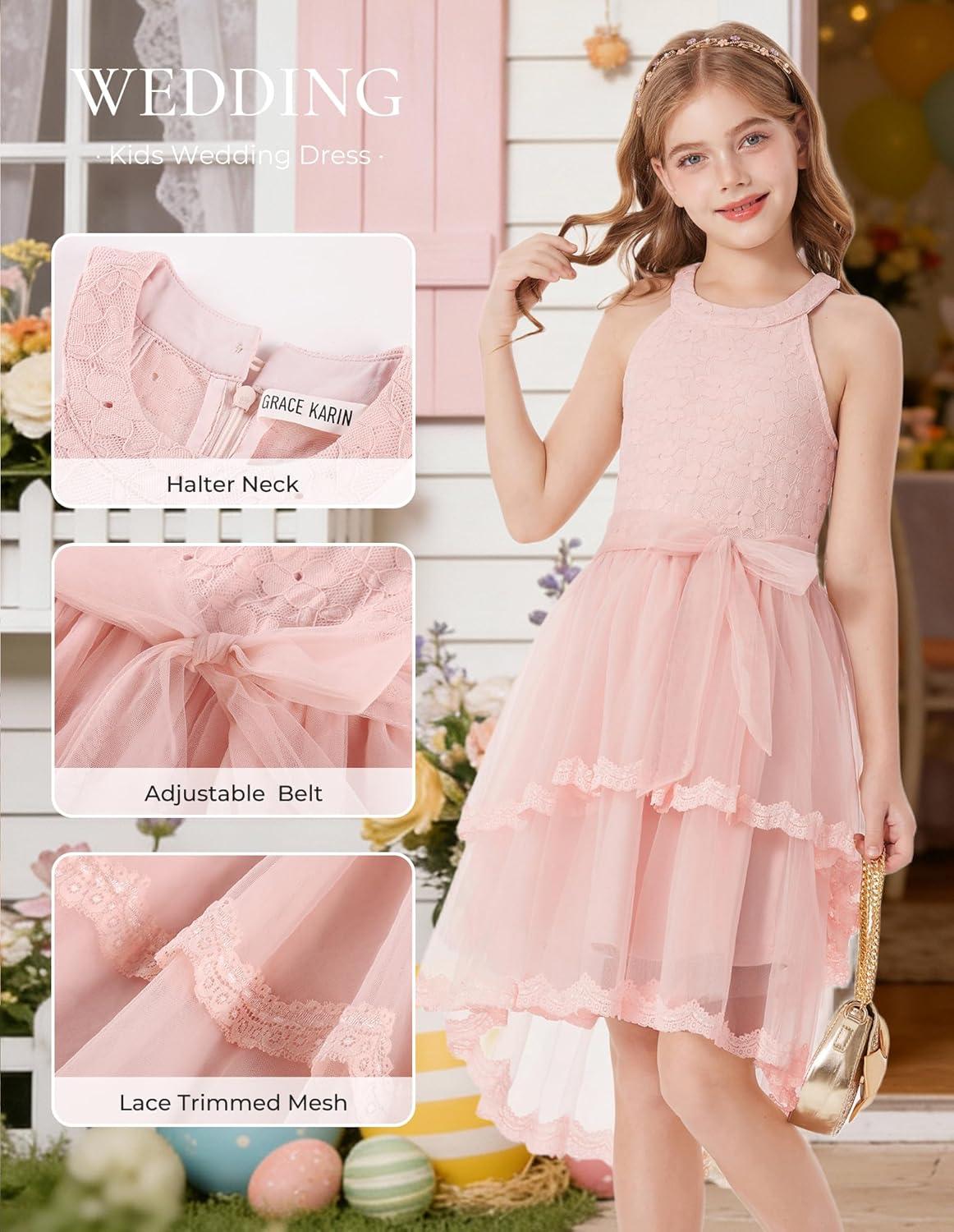 imageGRACE KARIN Flower Girl Dress Kids Wedding Guest Birthday Party Formal Lace Tulle Princess High Low Dresses 510YLight Pink
