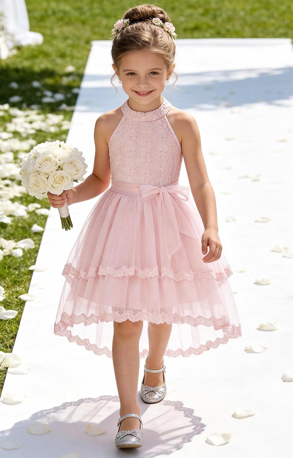 imageGRACE KARIN Flower Girl Dress Kids Wedding Guest Birthday Party Formal Lace Tulle Princess High Low Dresses 510YLight Pink