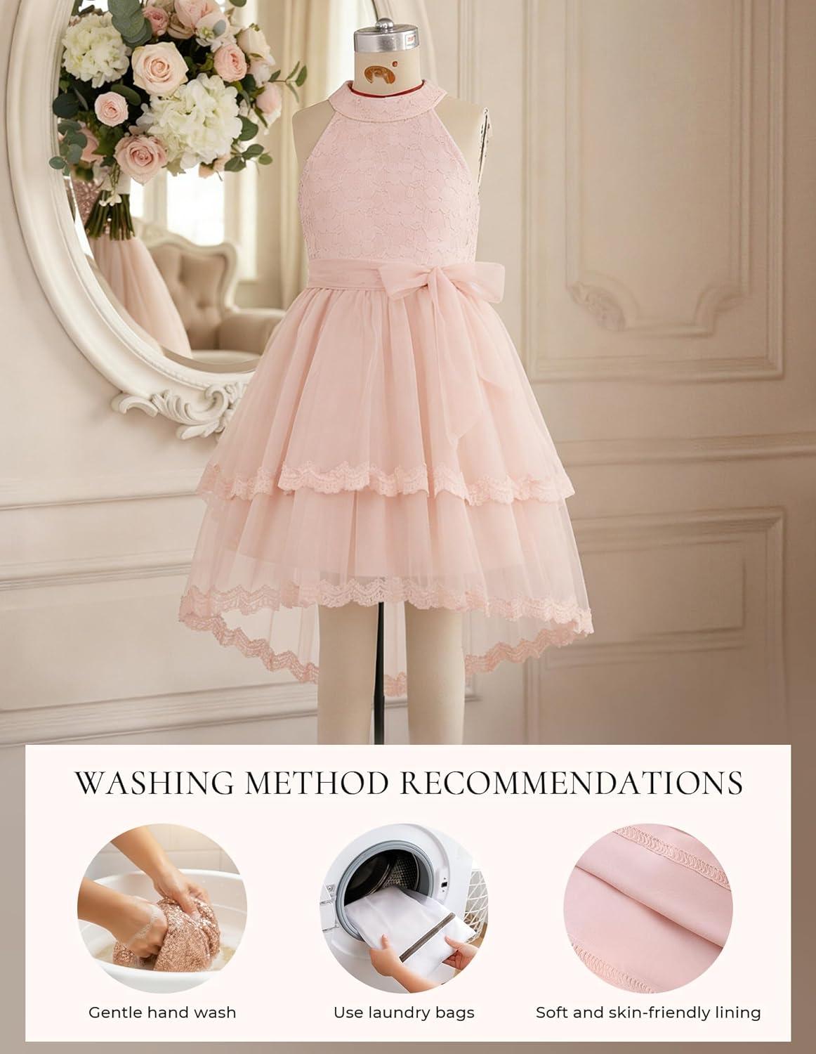 imageGRACE KARIN Flower Girl Dress Kids Wedding Guest Birthday Party Formal Lace Tulle Princess High Low Dresses 510YLight Pink