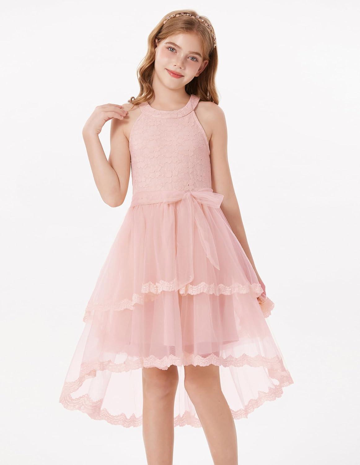 imageGRACE KARIN Flower Girl Dress Kids Wedding Guest Birthday Party Formal Lace Tulle Princess High Low Dresses 510YLight Pink
