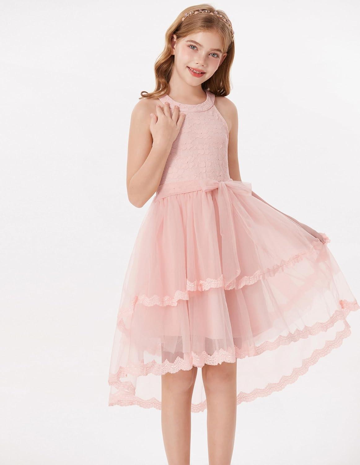 imageGRACE KARIN Flower Girl Dress Kids Wedding Guest Birthday Party Formal Lace Tulle Princess High Low Dresses 510YLight Pink