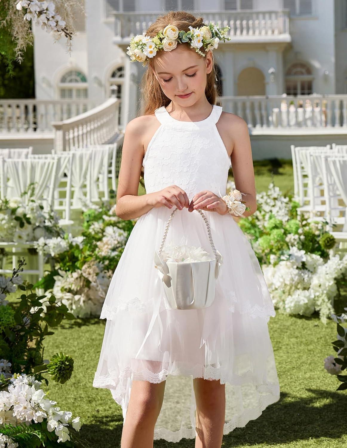 imageGRACE KARIN Flower Girl Dress Kids Wedding Guest Birthday Party Formal Lace Tulle Princess High Low Dresses 510YWhite