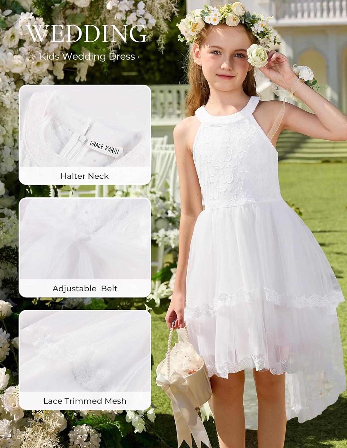 imageGRACE KARIN Flower Girl Dress Kids Wedding Guest Birthday Party Formal Lace Tulle Princess High Low Dresses 510YWhite
