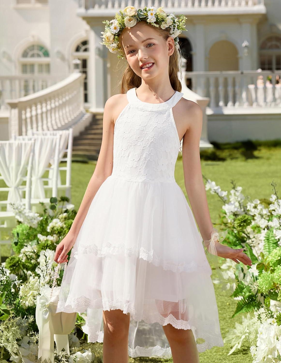 imageGRACE KARIN Flower Girl Dress Kids Wedding Guest Birthday Party Formal Lace Tulle Princess High Low Dresses 510YWhite