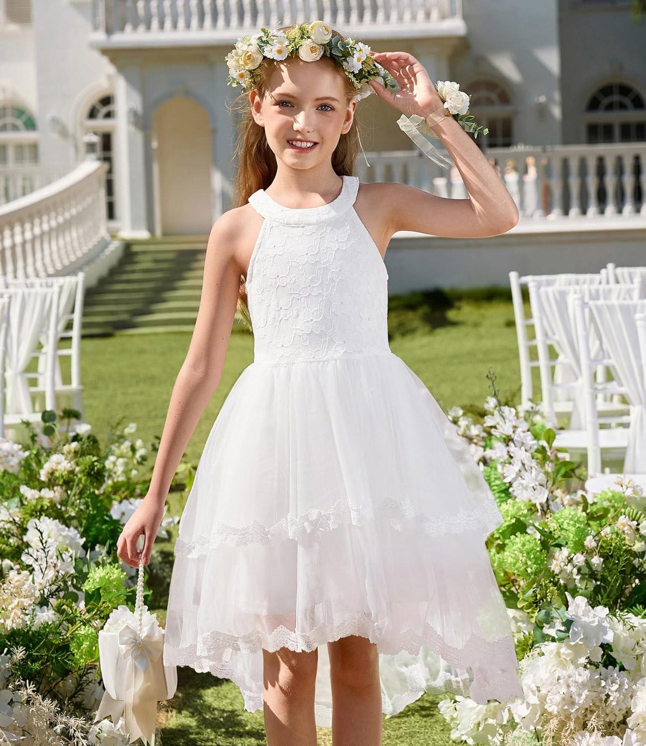 imageGRACE KARIN Flower Girl Dress Kids Wedding Guest Birthday Party Formal Lace Tulle Princess High Low Dresses 510YWhite