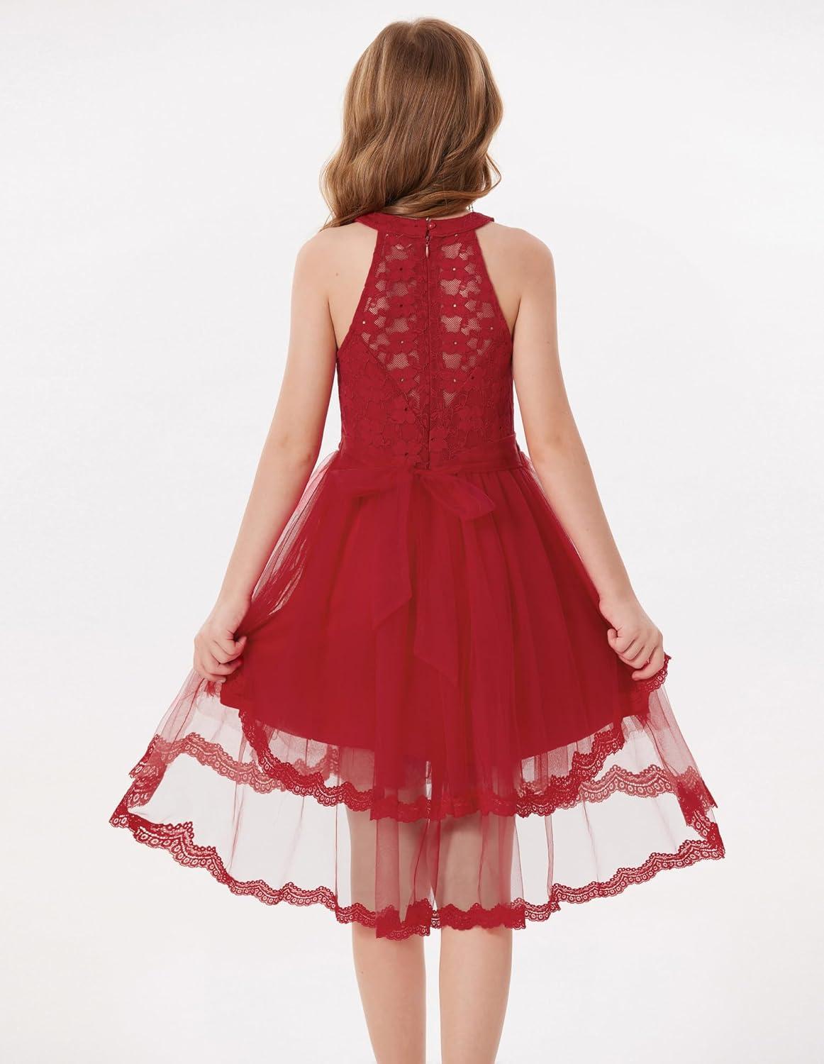 imageGRACE KARIN Flower Girl Dress Kids Wedding Guest Birthday Party Formal Lace Tulle Princess High Low Dresses 510YWine Red