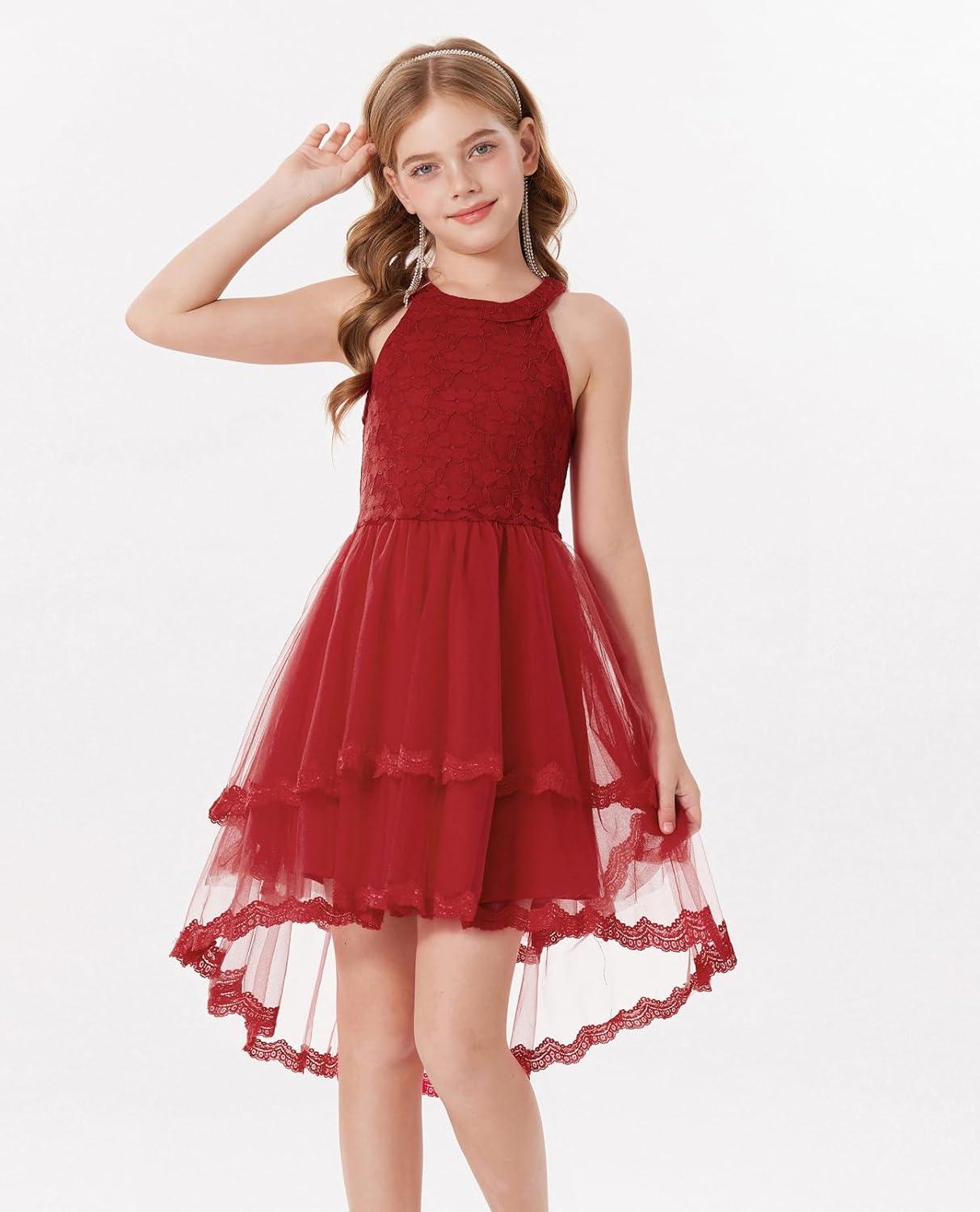 imageGRACE KARIN Flower Girl Dress Kids Wedding Guest Birthday Party Formal Lace Tulle Princess High Low Dresses 510YWine Red