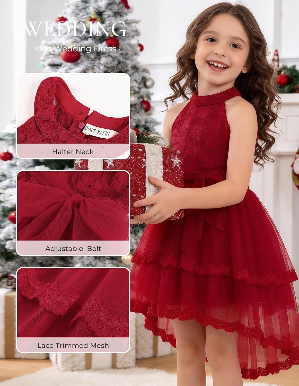 imageGRACE KARIN Flower Girl Dress Kids Wedding Guest Birthday Party Formal Lace Tulle Princess High Low Dresses 510YWine Red