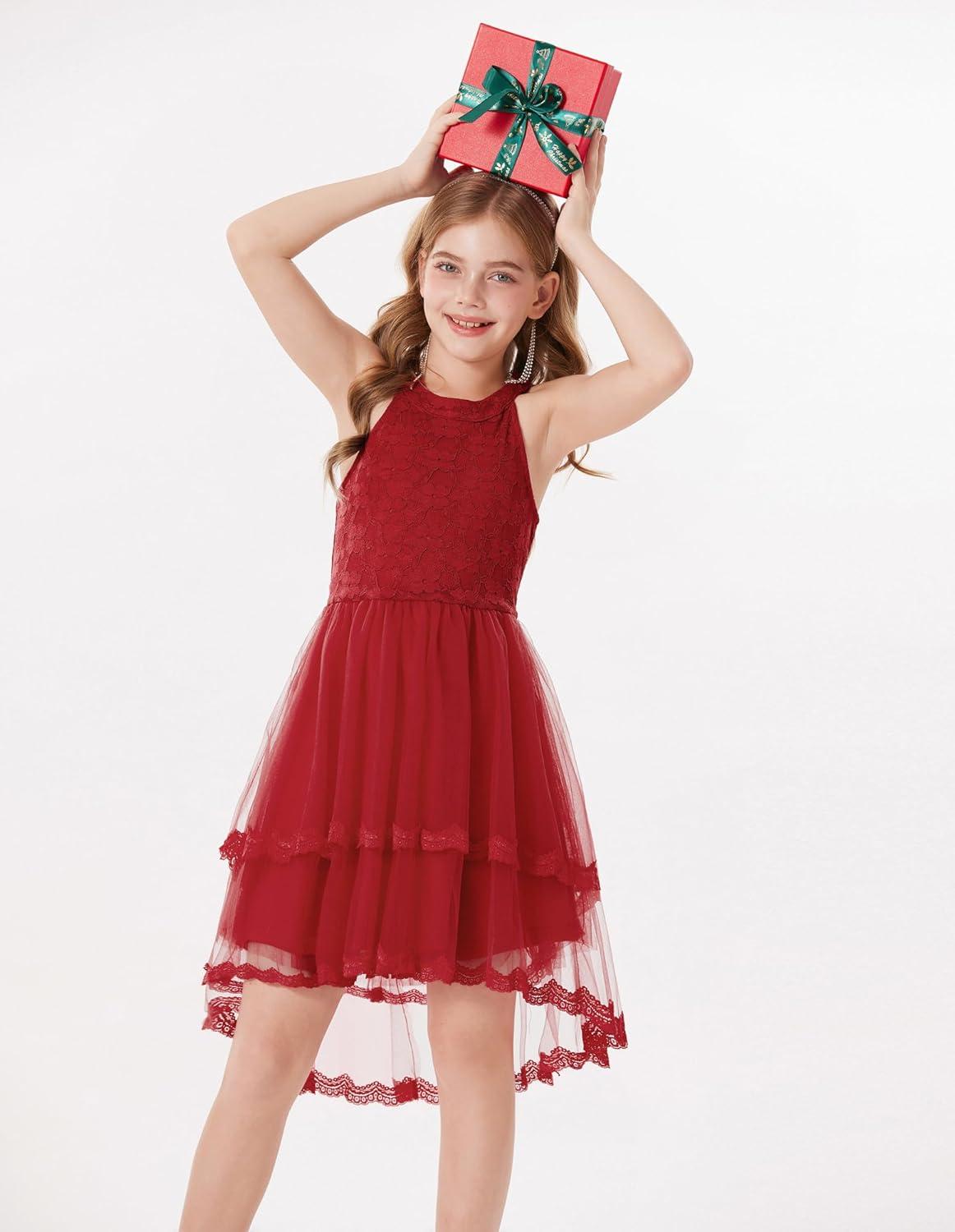 imageGRACE KARIN Flower Girl Dress Kids Wedding Guest Birthday Party Formal Lace Tulle Princess High Low Dresses 510YWine Red