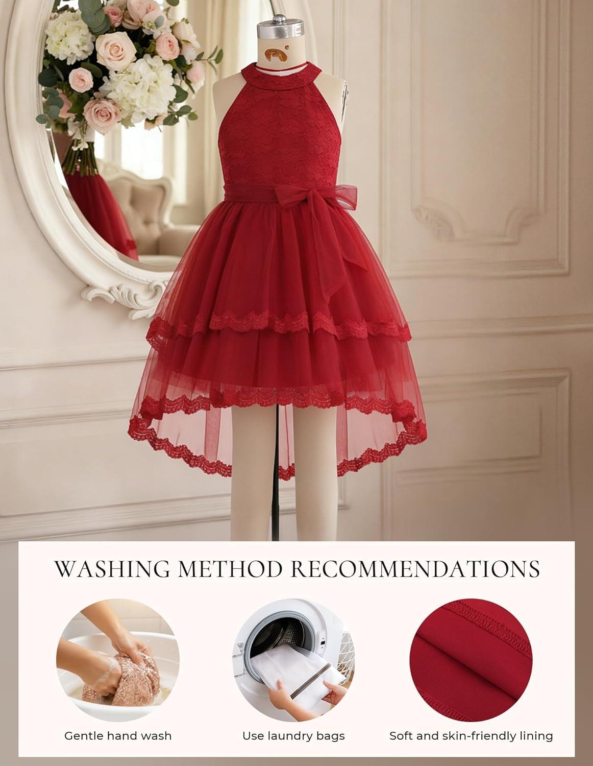 imageGRACE KARIN Flower Girl Dress Kids Wedding Guest Birthday Party Formal Lace Tulle Princess High Low Dresses 510YWine Red