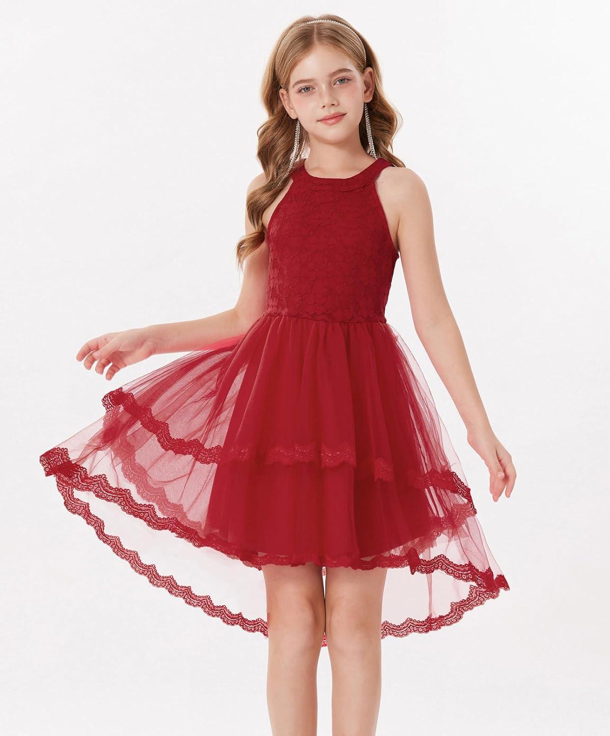 imageGRACE KARIN Flower Girl Dress Kids Wedding Guest Birthday Party Formal Lace Tulle Princess High Low Dresses 510YWine Red