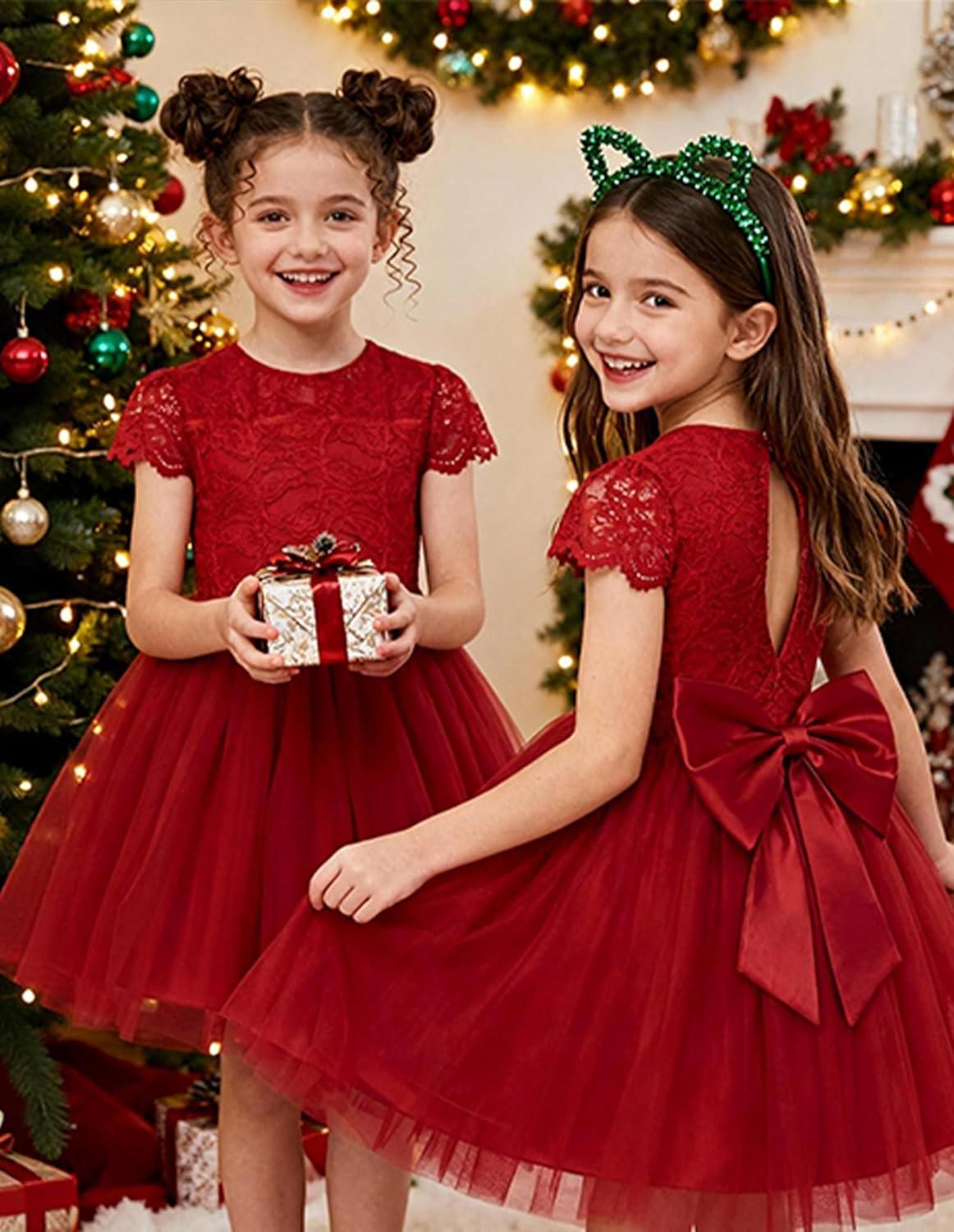 imageGRACE KARIN Flower Girl Dress with Big BowKids Lace Tulle Princess GownWedding Formal Birthday Party Pageant 510YClassic Crimson