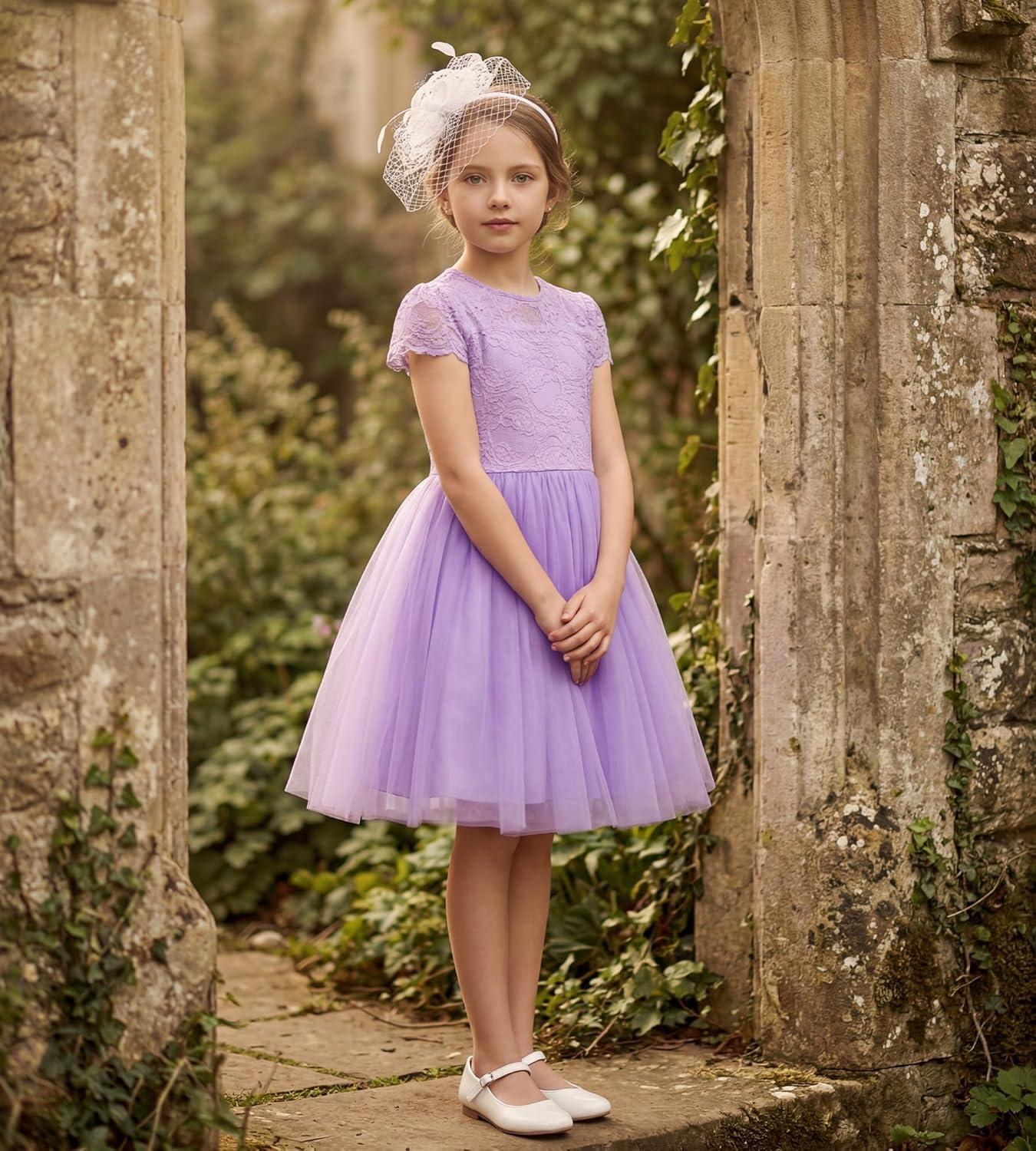 imageGRACE KARIN Flower Girl Dress with Big BowKids Lace Tulle Princess GownWedding Formal Birthday Party Pageant 510YLavender