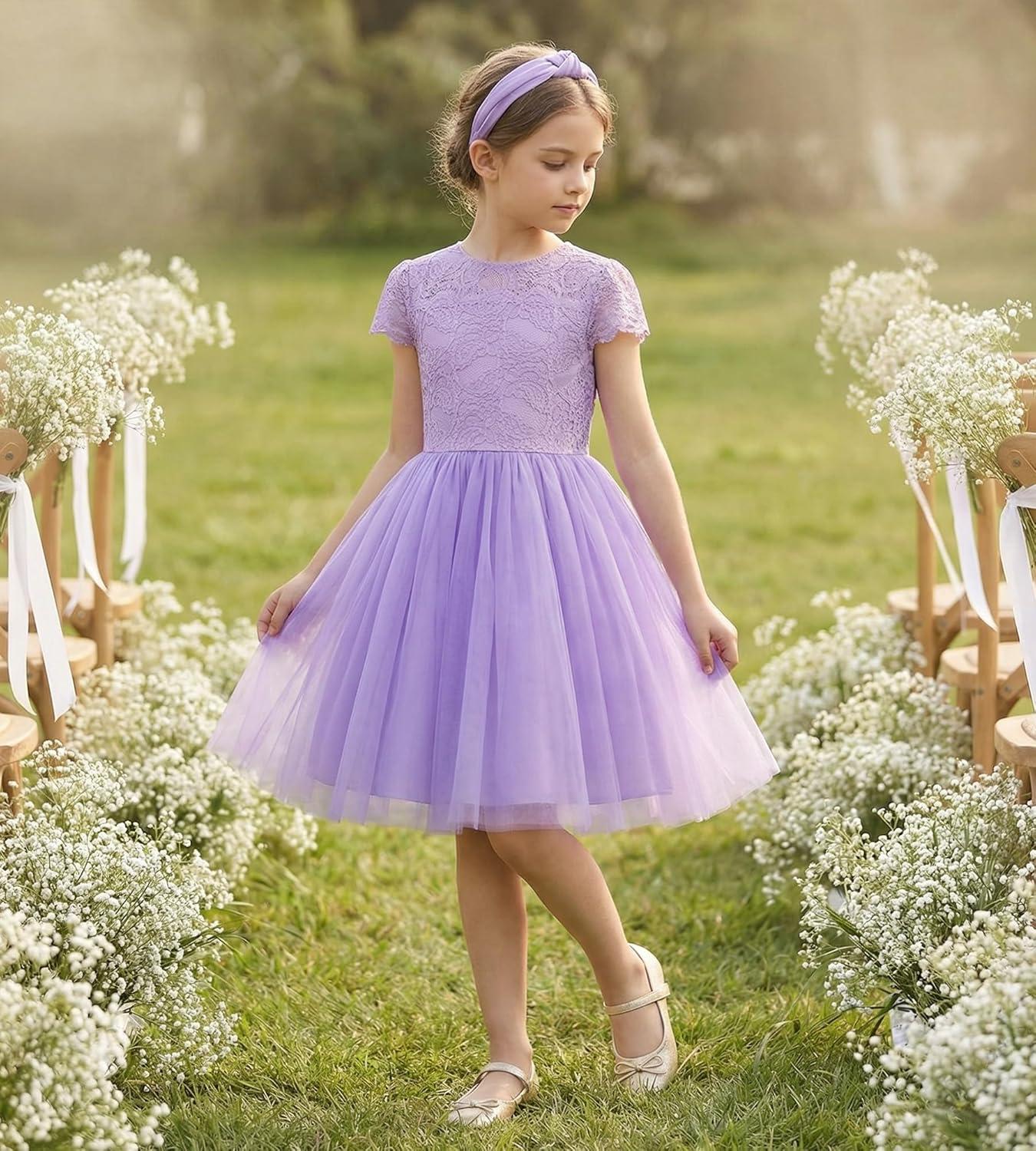 imageGRACE KARIN Flower Girl Dress with Big BowKids Lace Tulle Princess GownWedding Formal Birthday Party Pageant 510YLavender