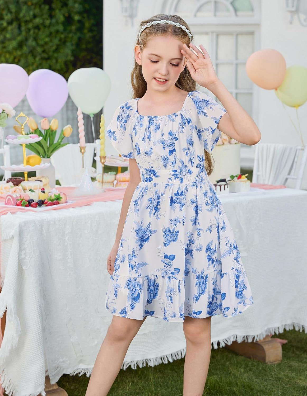 imageGRACE KARIN Girls Backless Floral Dress Formal Party Girls Easter Spring Dresses Girl Summer Hawaiian DressWhite Blue Floral