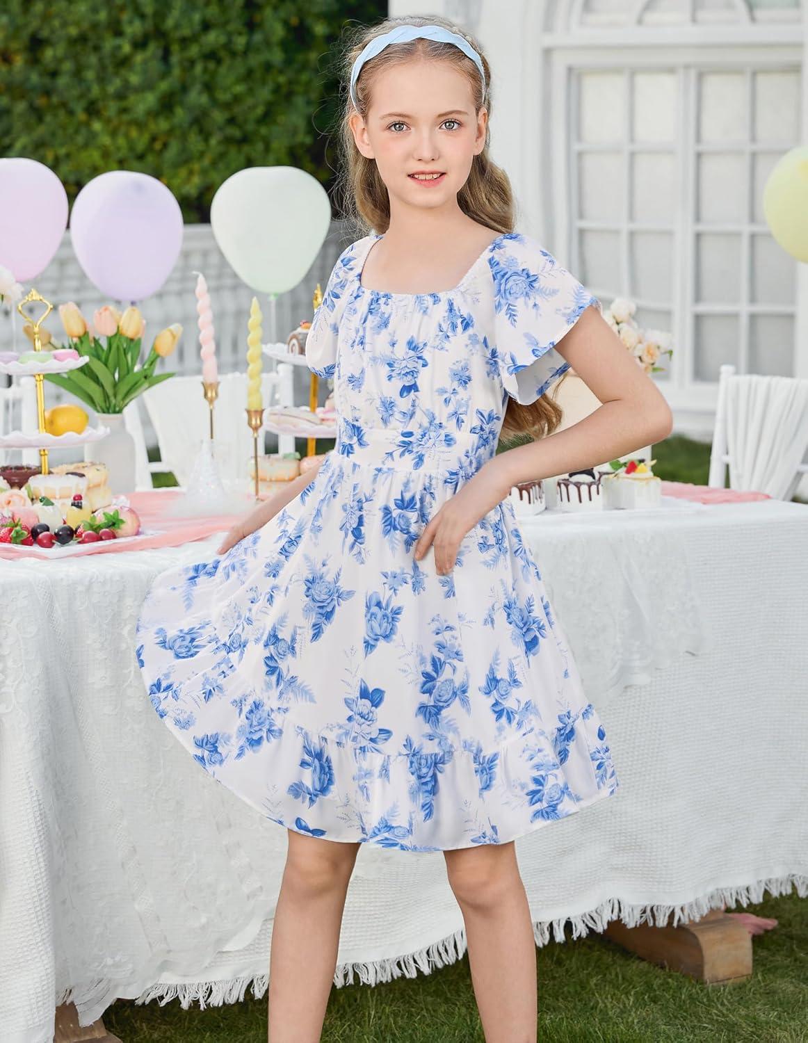 imageGRACE KARIN Girls Backless Floral Dress Formal Party Girls Easter Spring Dresses Girl Summer Hawaiian DressWhite Blue Floral