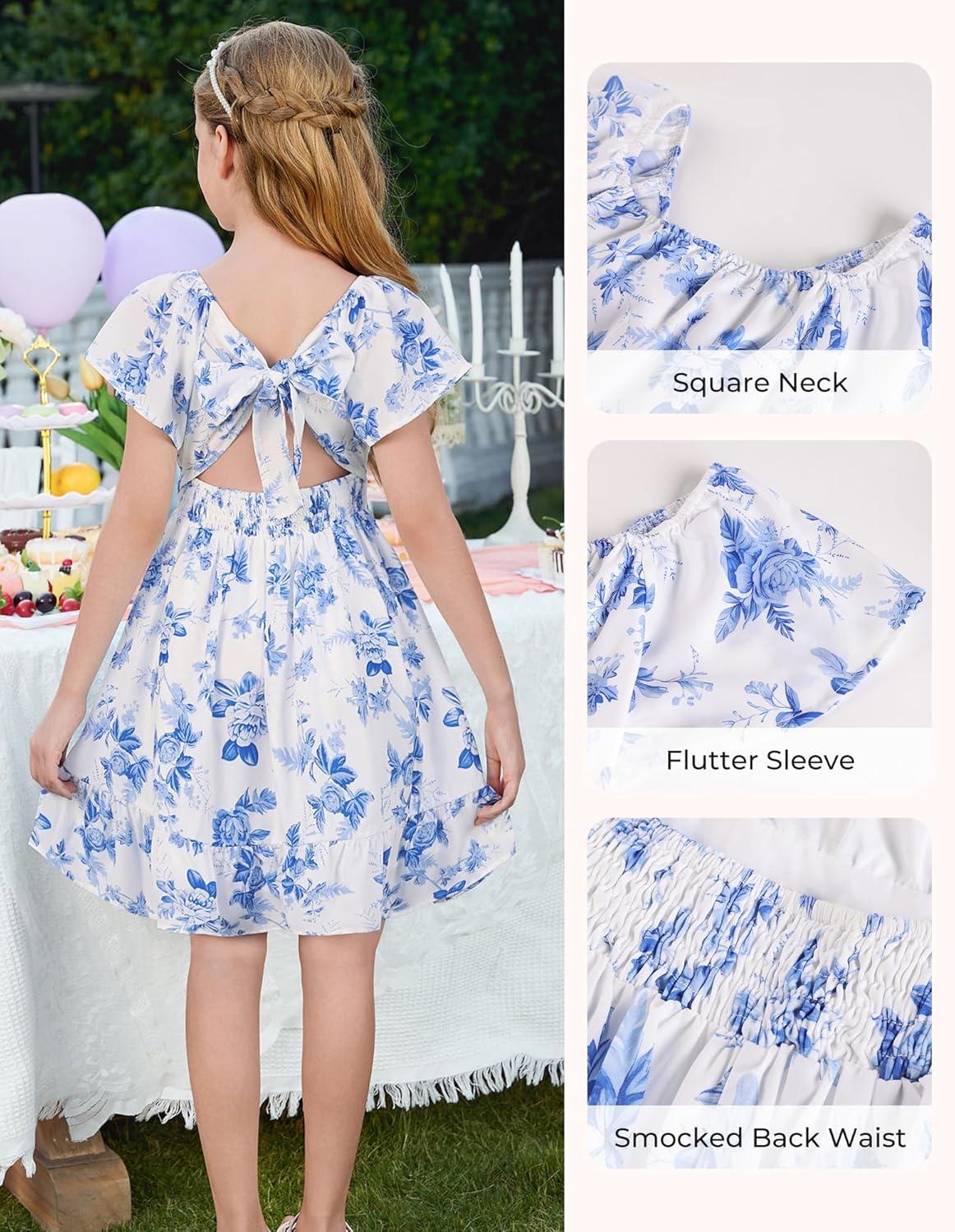 imageGRACE KARIN Girls Backless Floral Dress Formal Party Girls Easter Spring Dresses Girl Summer Hawaiian DressWhite Blue Floral
