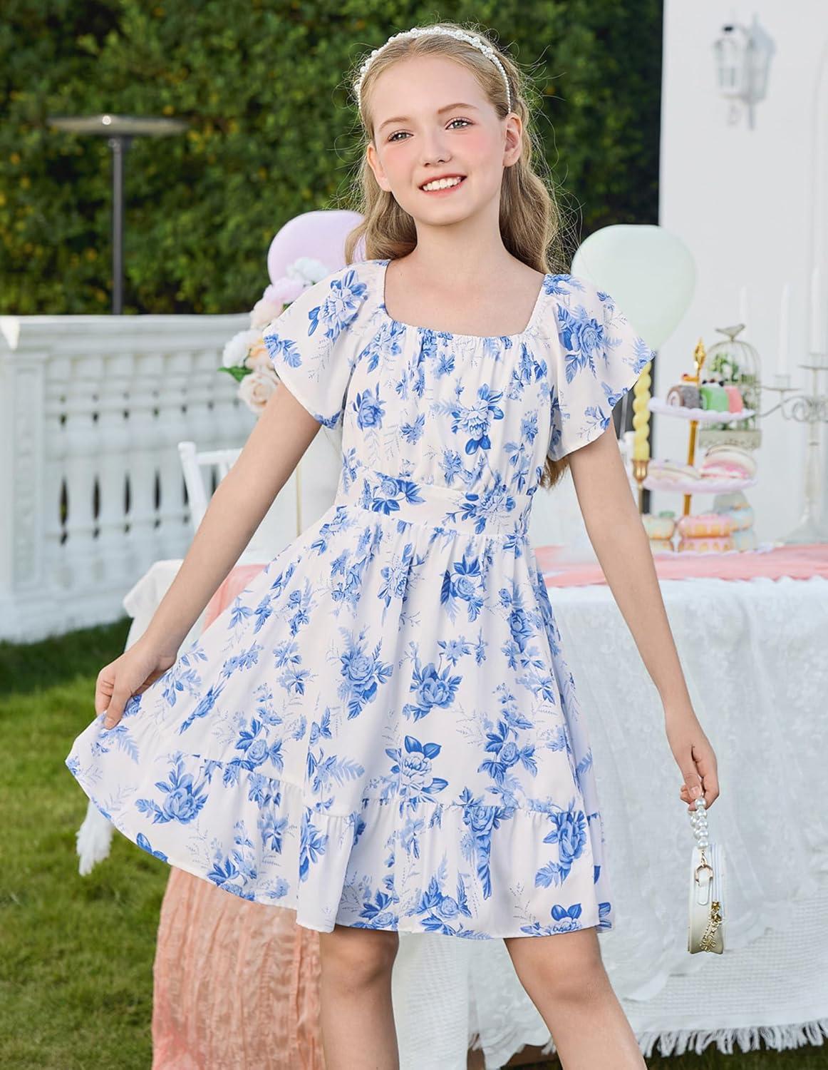 imageGRACE KARIN Girls Backless Floral Dress Formal Party Girls Easter Spring Dresses Girl Summer Hawaiian DressWhite Blue Floral