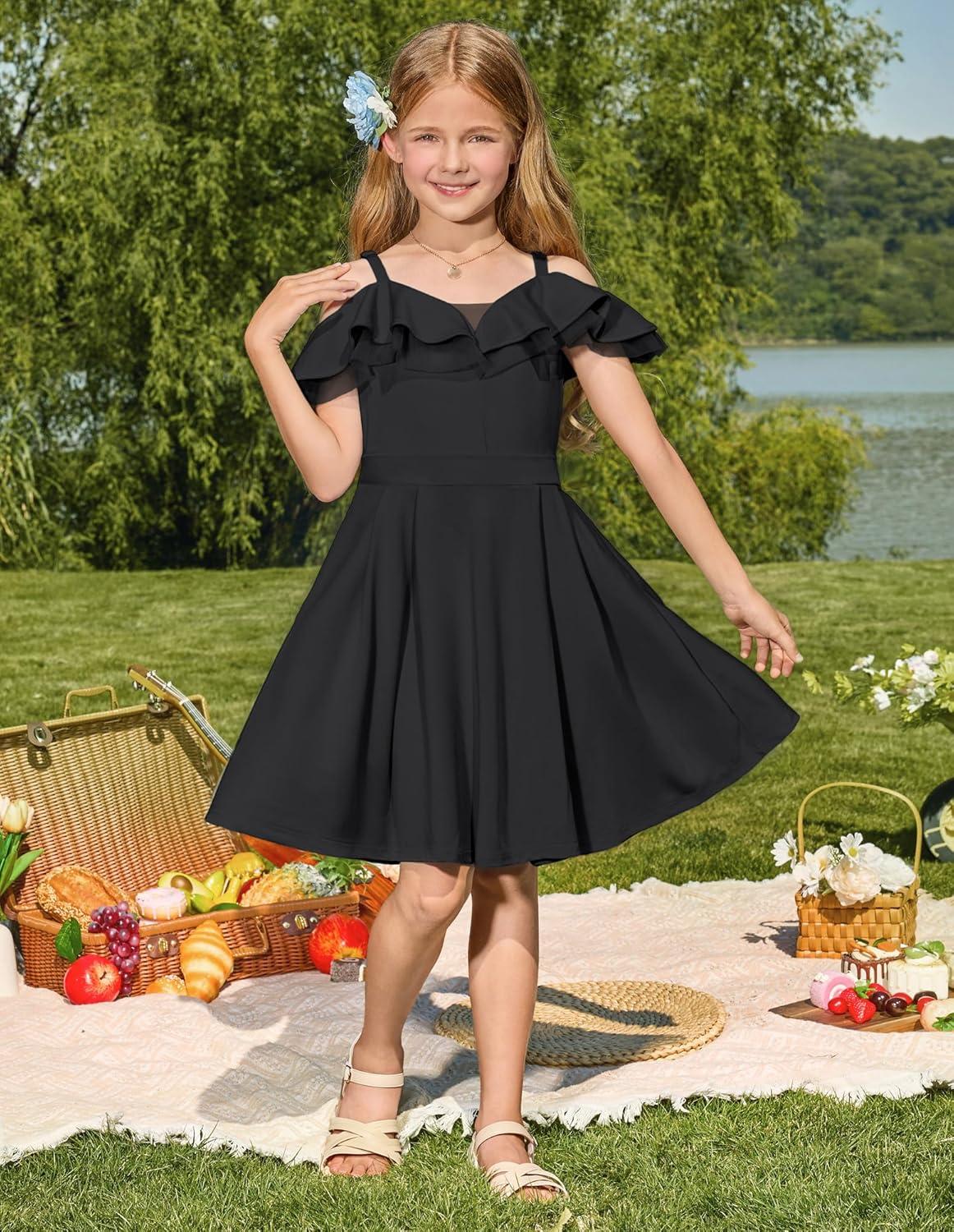 imageGRACE KARIN Girls Elegant Party Dress Cold Shoulder Ruffled Neckline High Waist ALine Dress for Girls 714 YearsBlack