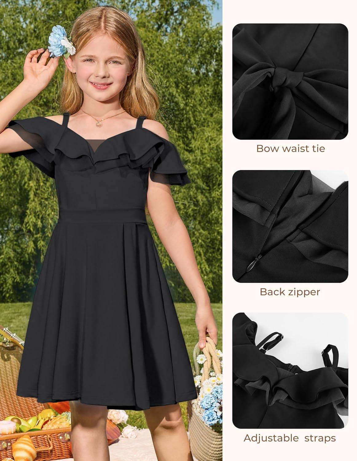 imageGRACE KARIN Girls Elegant Party Dress Cold Shoulder Ruffled Neckline High Waist ALine Dress for Girls 714 YearsBlack