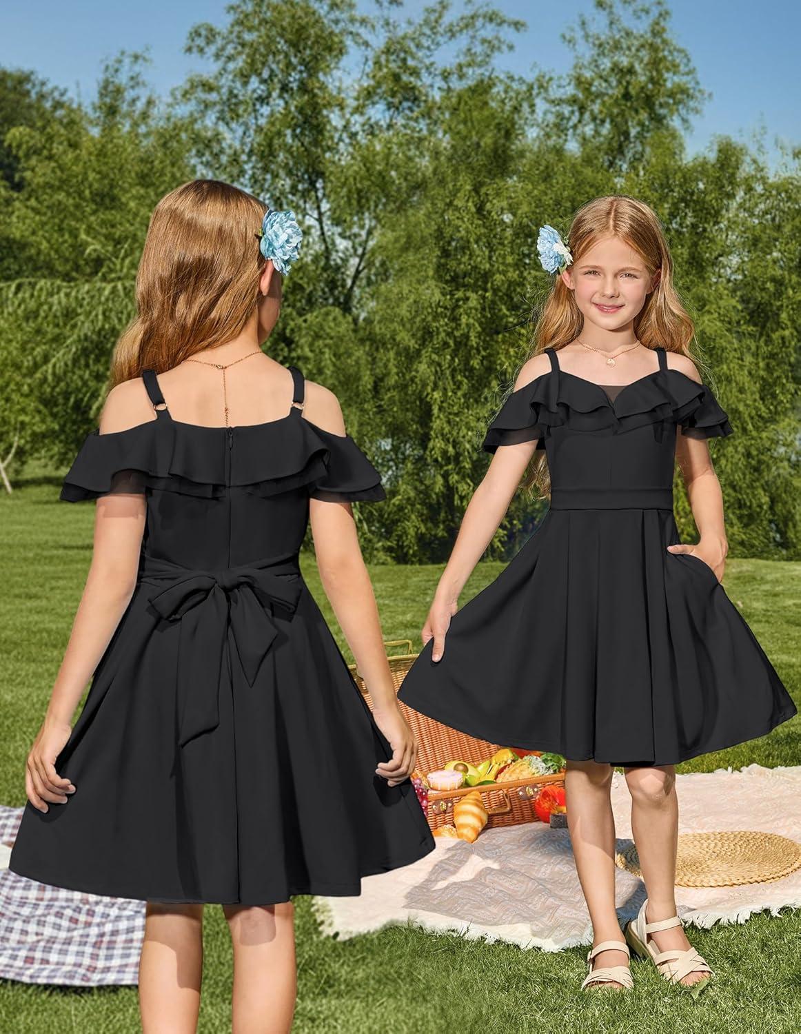 imageGRACE KARIN Girls Elegant Party Dress Cold Shoulder Ruffled Neckline High Waist ALine Dress for Girls 714 YearsBlack