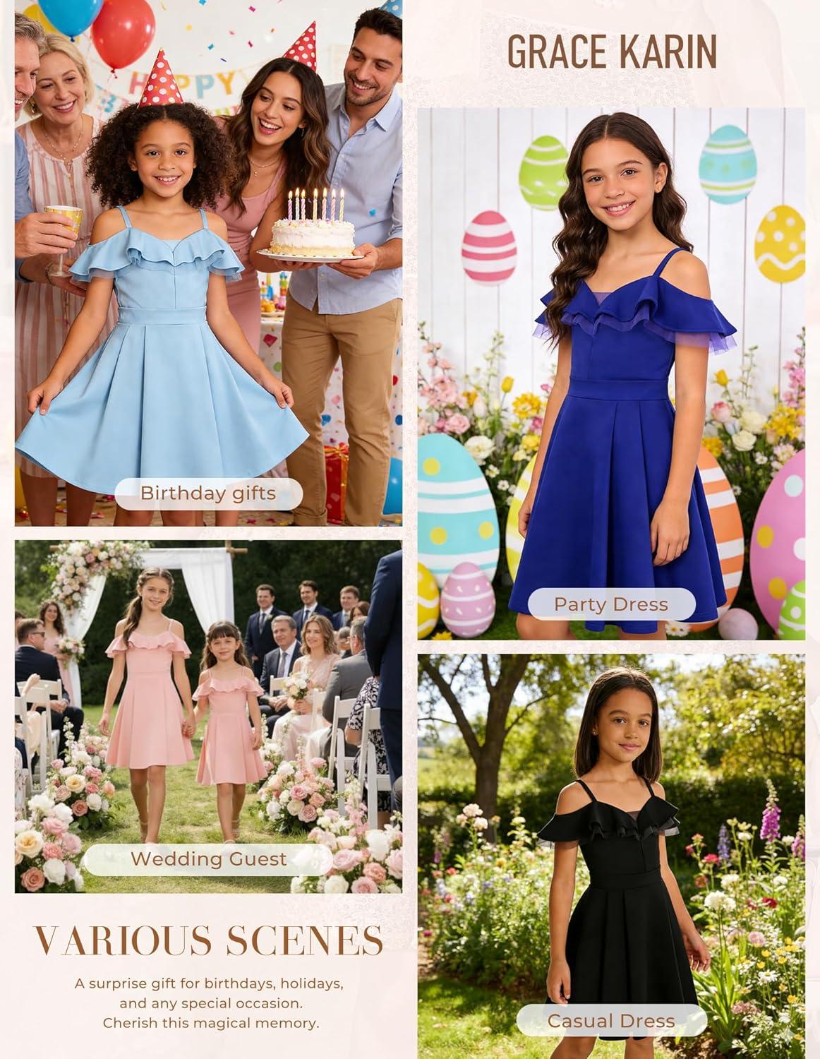 imageGRACE KARIN Girls Elegant Party Dress Cold Shoulder Ruffled Neckline High Waist ALine Dress for Girls 714 YearsBlue