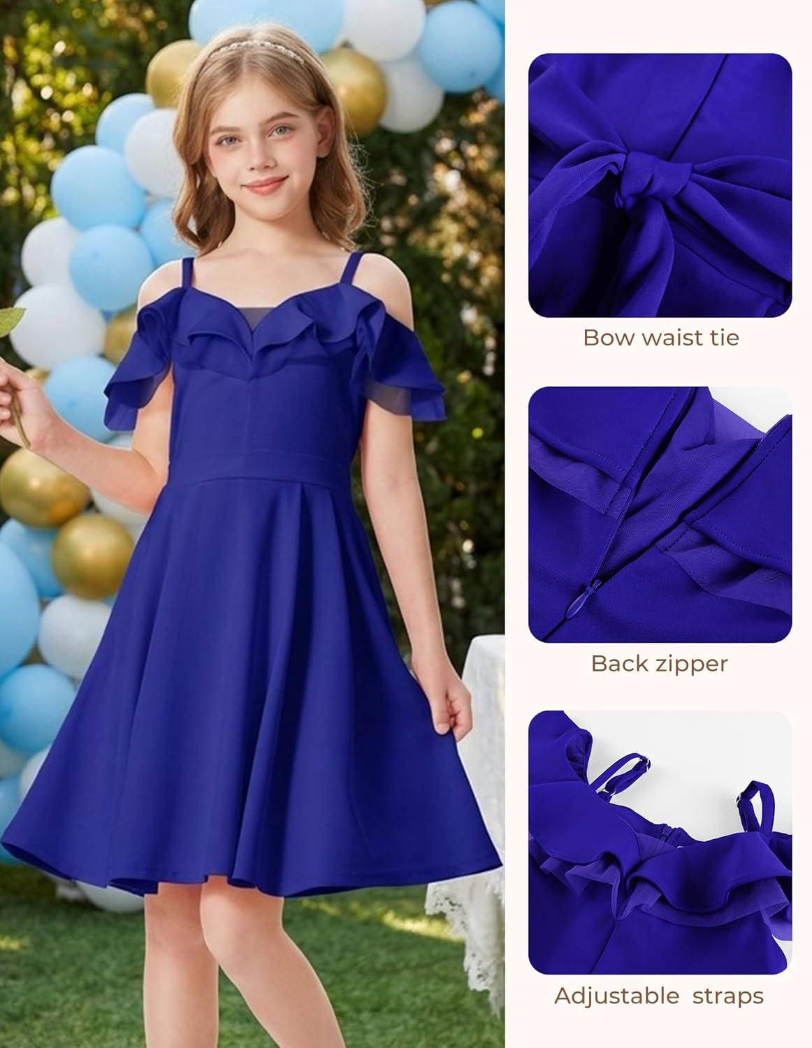 imageGRACE KARIN Girls Elegant Party Dress Cold Shoulder Ruffled Neckline High Waist ALine Dress for Girls 714 YearsBlue