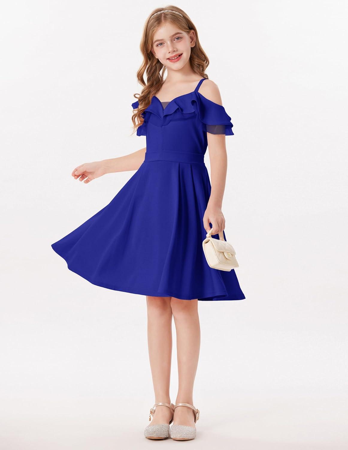 imageGRACE KARIN Girls Elegant Party Dress Cold Shoulder Ruffled Neckline High Waist ALine Dress for Girls 714 YearsBlue