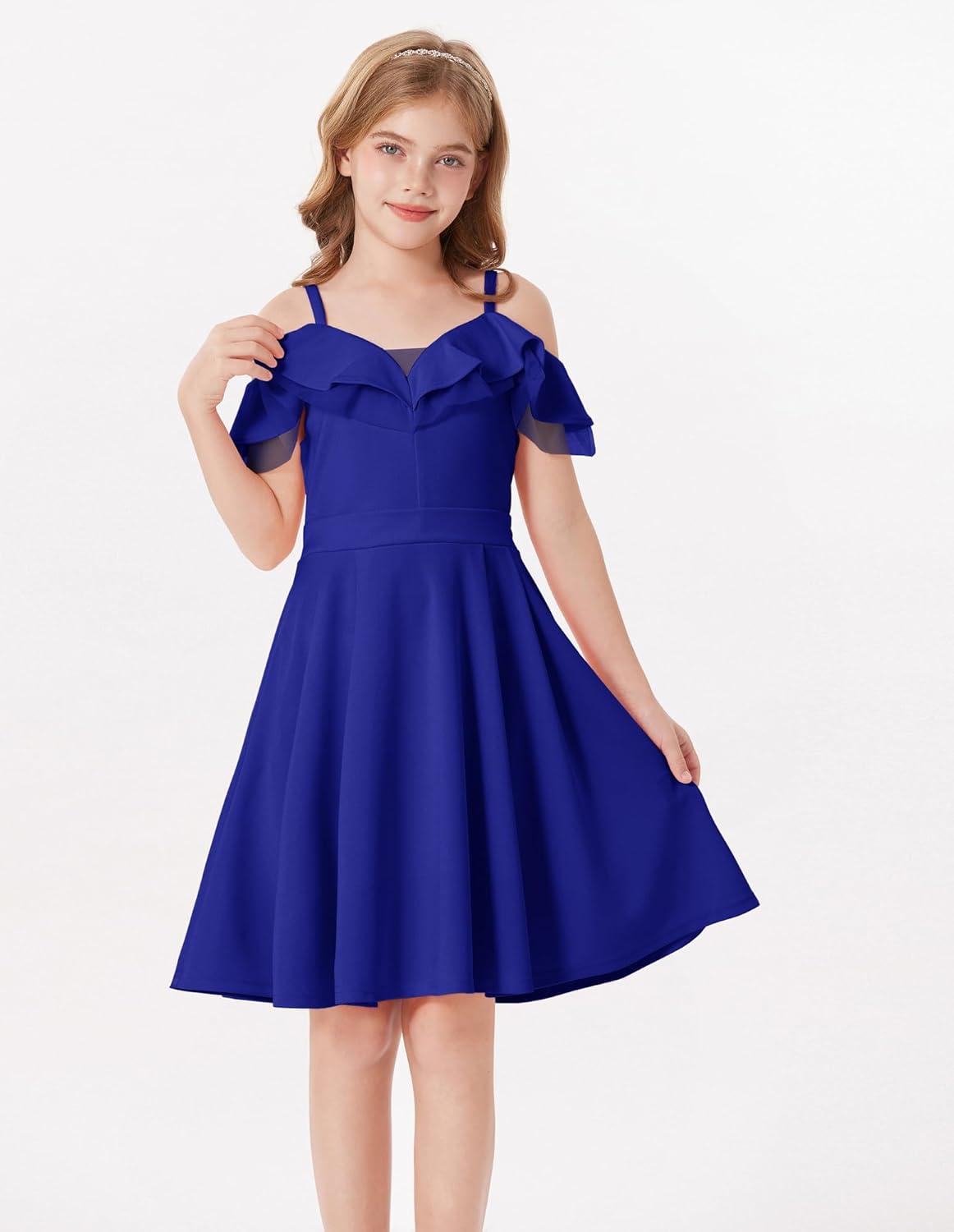 imageGRACE KARIN Girls Elegant Party Dress Cold Shoulder Ruffled Neckline High Waist ALine Dress for Girls 714 YearsBlue