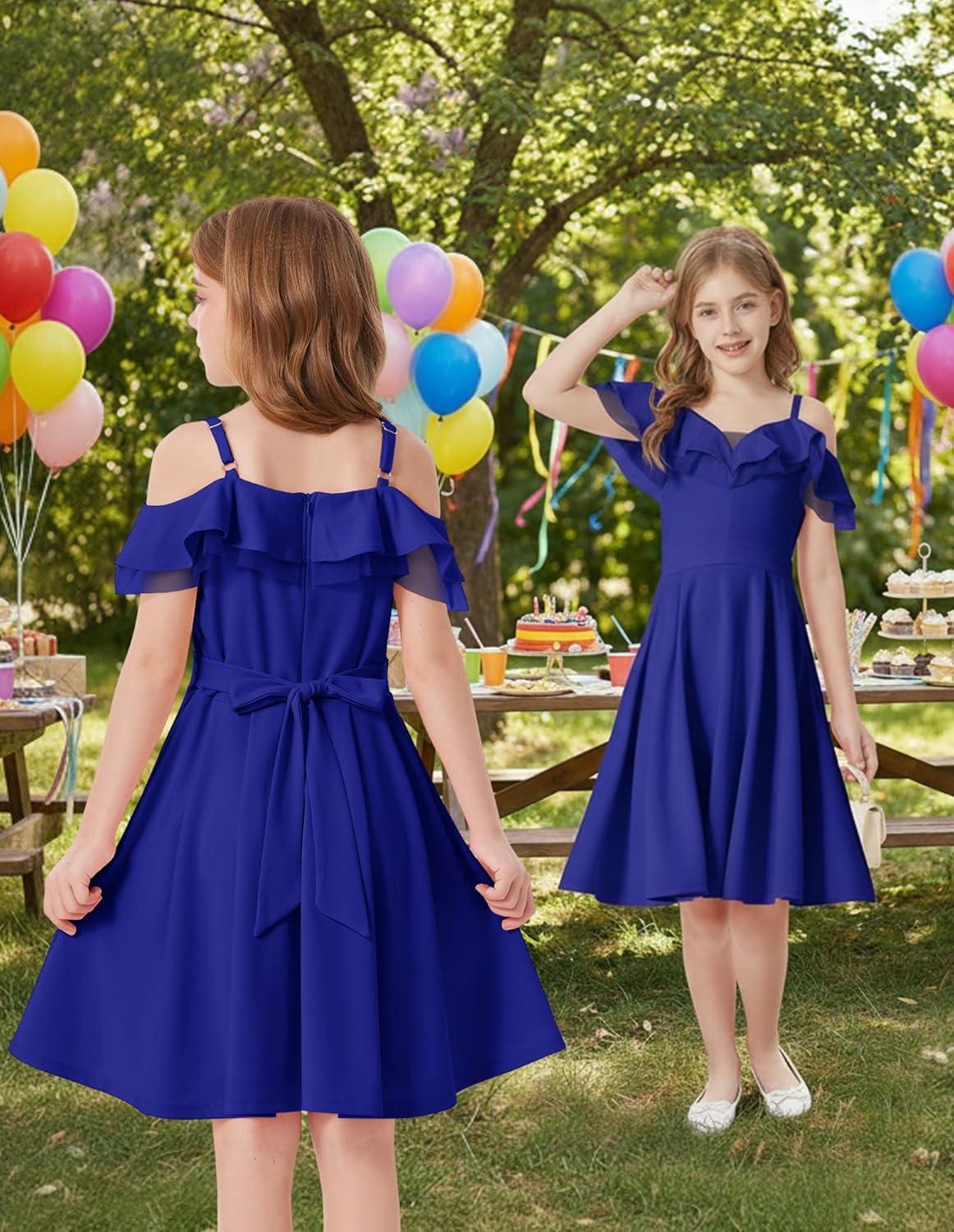 imageGRACE KARIN Girls Elegant Party Dress Cold Shoulder Ruffled Neckline High Waist ALine Dress for Girls 714 YearsBlue