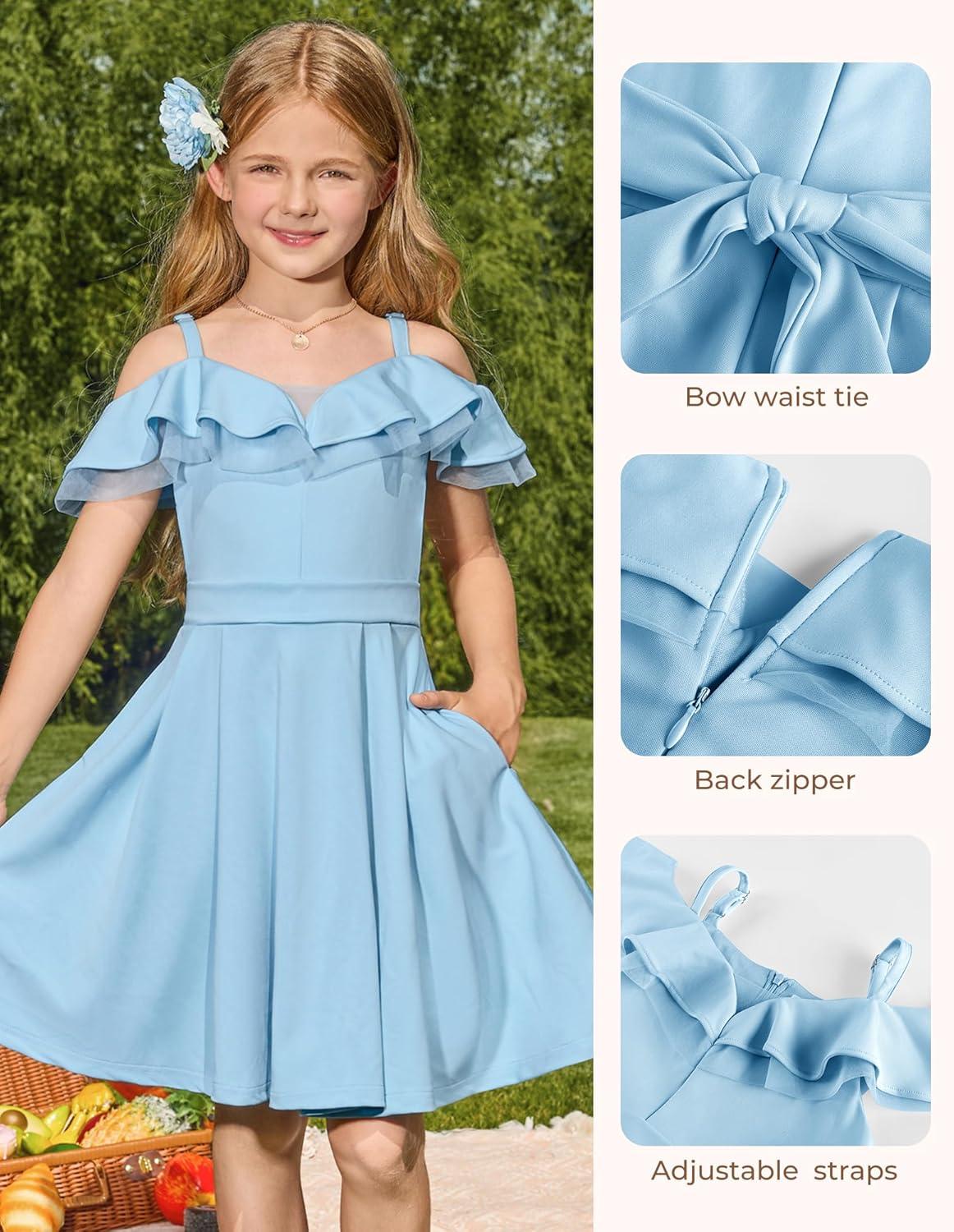 imageGRACE KARIN Girls Elegant Party Dress Cold Shoulder Ruffled Neckline High Waist ALine Dress for Girls 714 YearsLight Blue