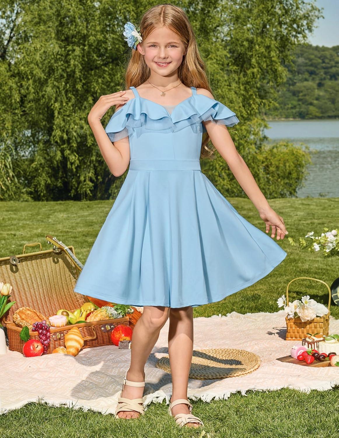 imageGRACE KARIN Girls Elegant Party Dress Cold Shoulder Ruffled Neckline High Waist ALine Dress for Girls 714 YearsLight Blue