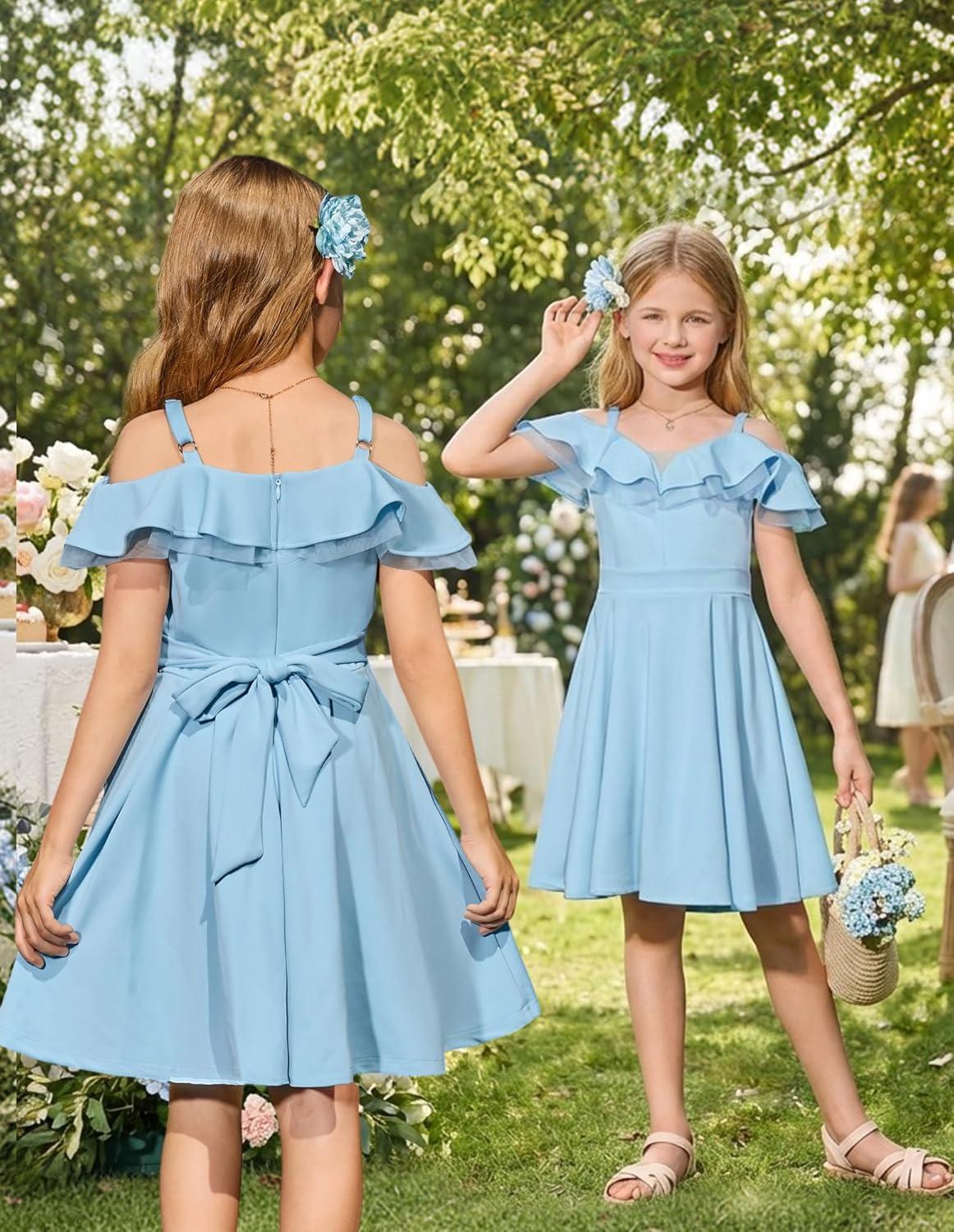 imageGRACE KARIN Girls Elegant Party Dress Cold Shoulder Ruffled Neckline High Waist ALine Dress for Girls 714 YearsLight Blue