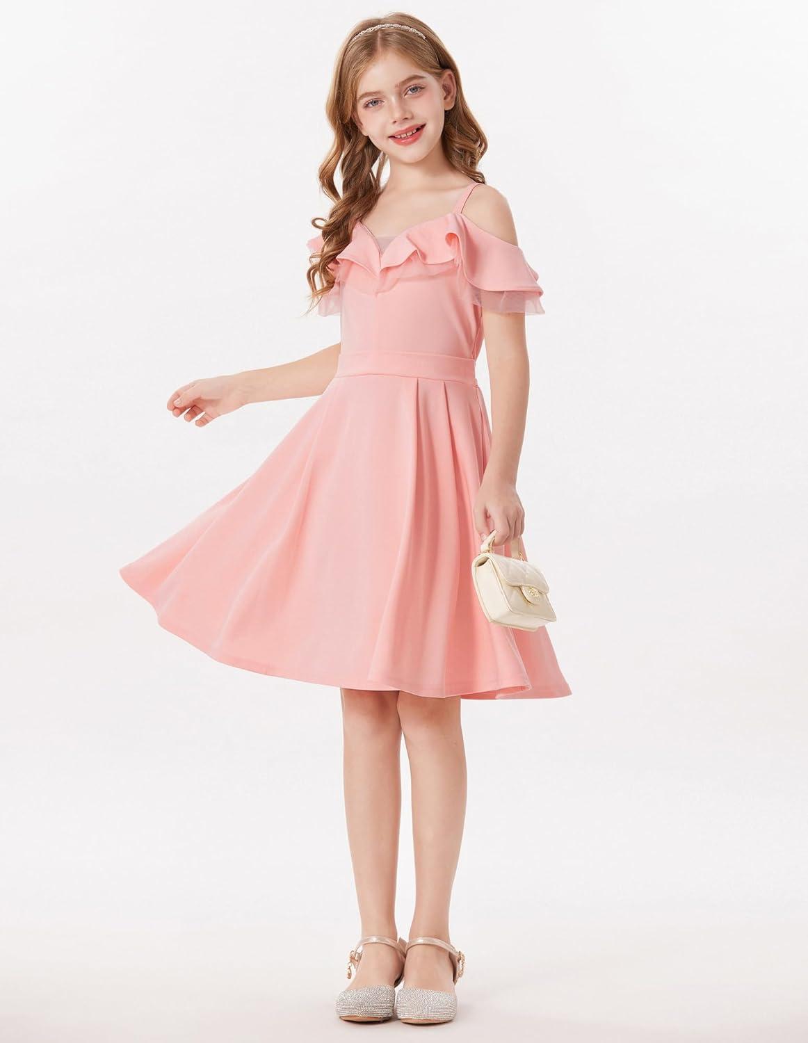 imageGRACE KARIN Girls Elegant Party Dress Cold Shoulder Ruffled Neckline High Waist ALine Dress for Girls 714 YearsPink