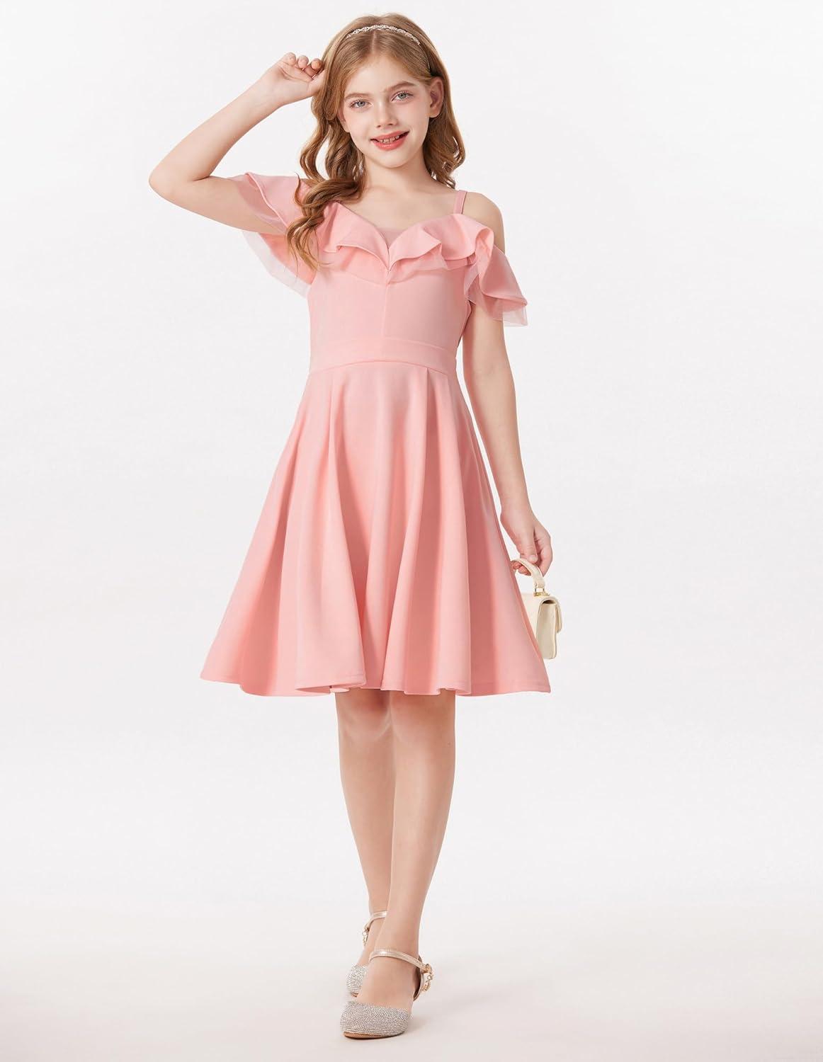 imageGRACE KARIN Girls Elegant Party Dress Cold Shoulder Ruffled Neckline High Waist ALine Dress for Girls 714 YearsPink
