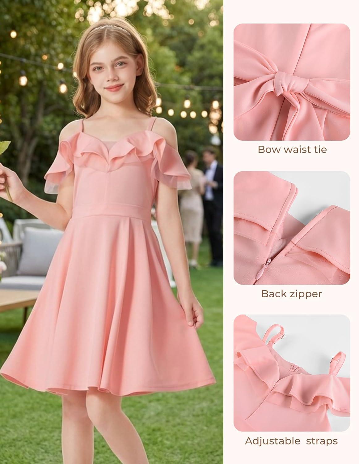 imageGRACE KARIN Girls Elegant Party Dress Cold Shoulder Ruffled Neckline High Waist ALine Dress for Girls 714 YearsPink