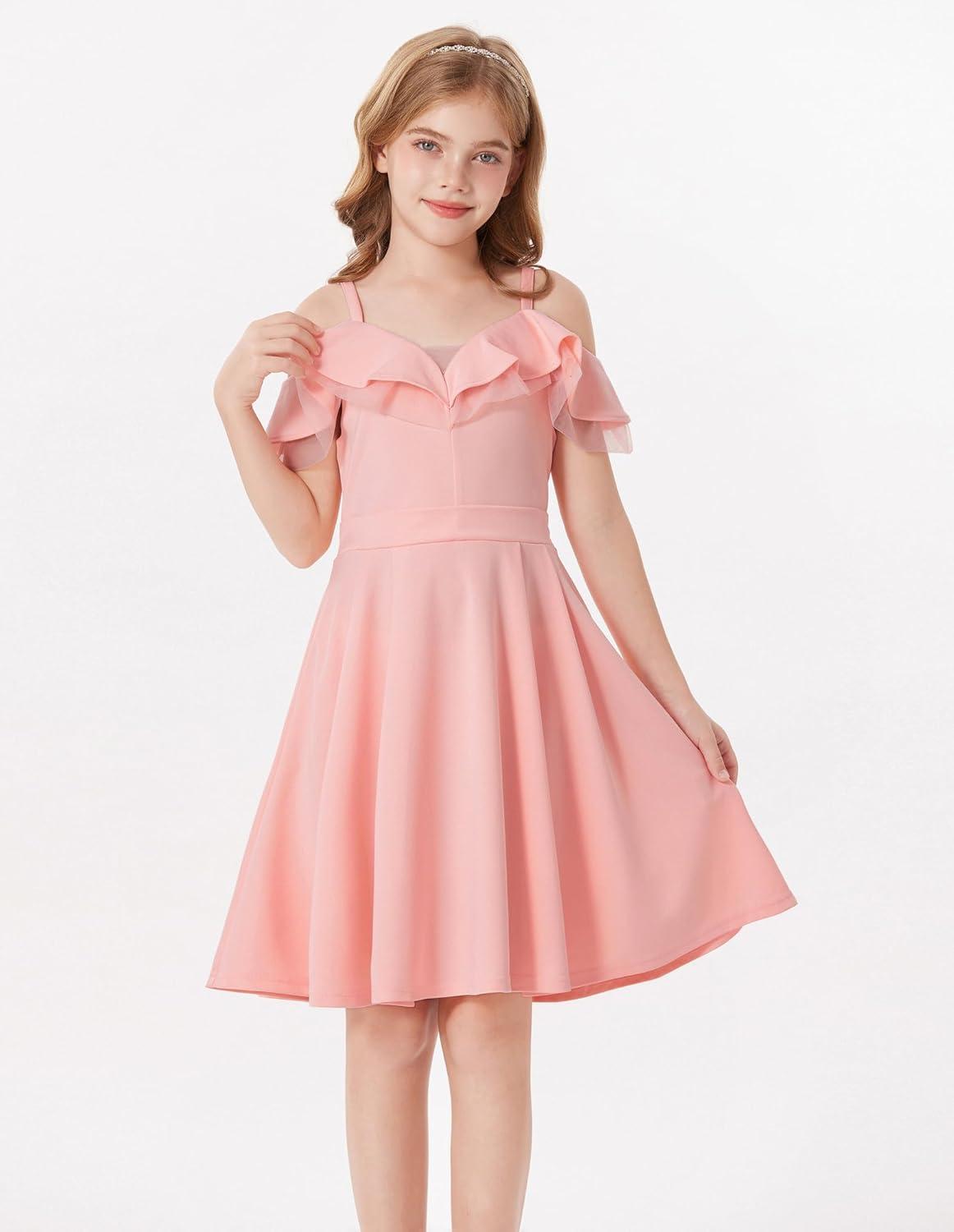 imageGRACE KARIN Girls Elegant Party Dress Cold Shoulder Ruffled Neckline High Waist ALine Dress for Girls 714 YearsPink